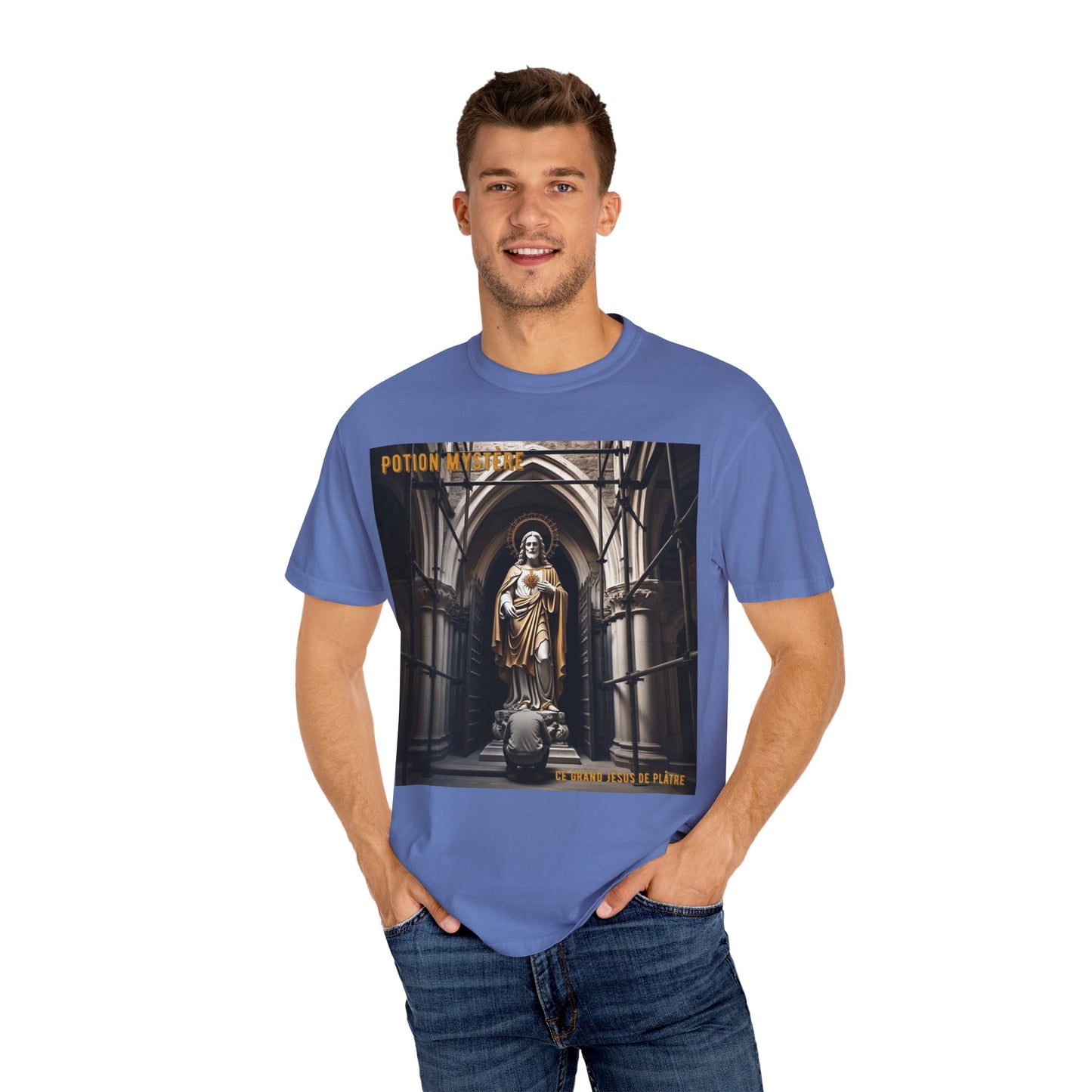 Mystical Potion Jesus Statue T-Shirt - Unisex, Relaxed Fit, Perfect for Festivals, Gifts, Everyday Wear, Unique Art Design
