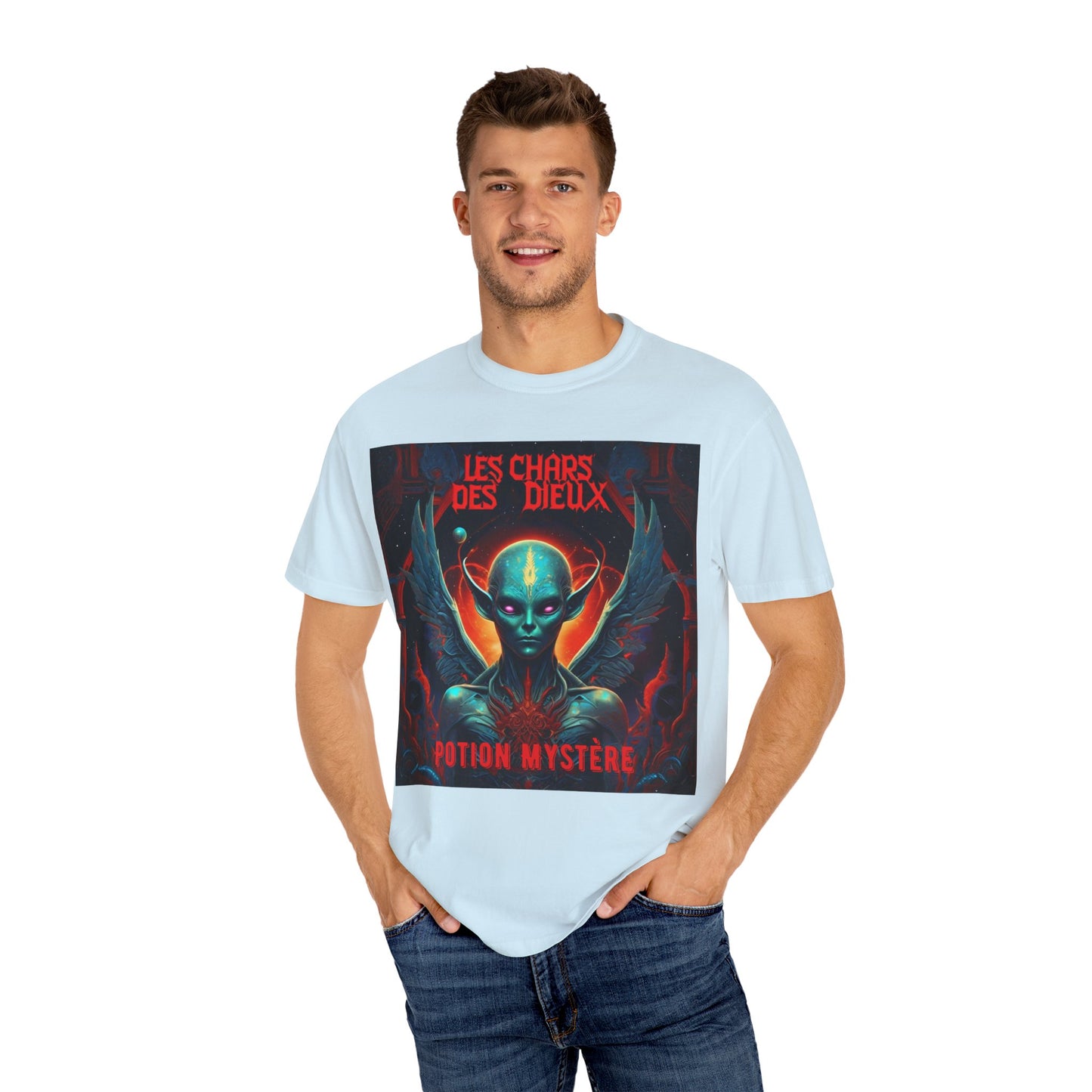 'Les Chars des Dieux' par Potion Mystère, Mystical Alien Graphic T-Shirt | Unisex Tee for Sci-Fi Lovers, Unique Gift for Halloween, Cosmic Vibes, Statement Shirt, Trendy Fashion