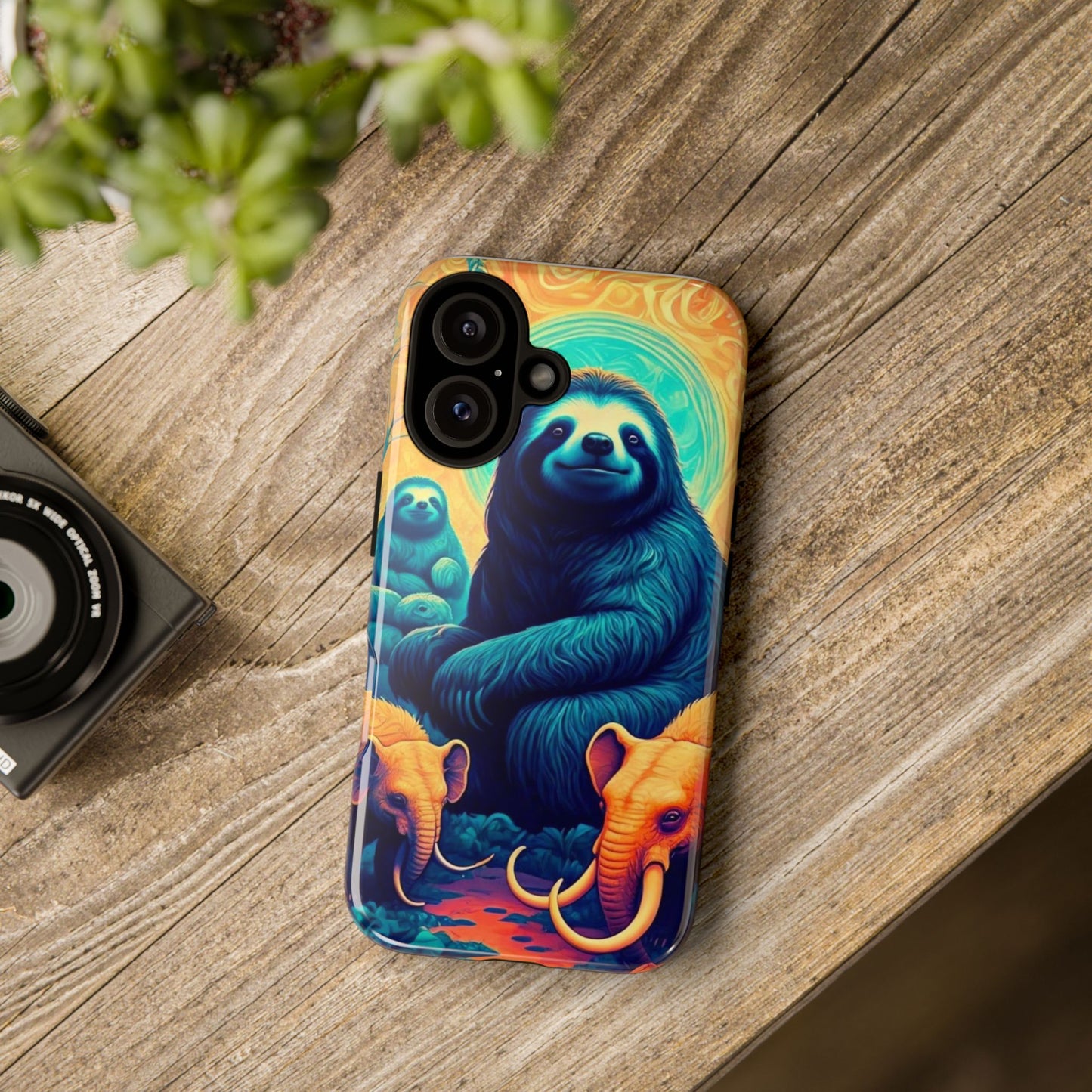 Vibrant Prehistoric Animal Phone Case, Cute Giant Sloth and Mastodon Elephant Design, Unique Gift for Nature Lovers, Colorful Case for Wildlife Enthusiasts