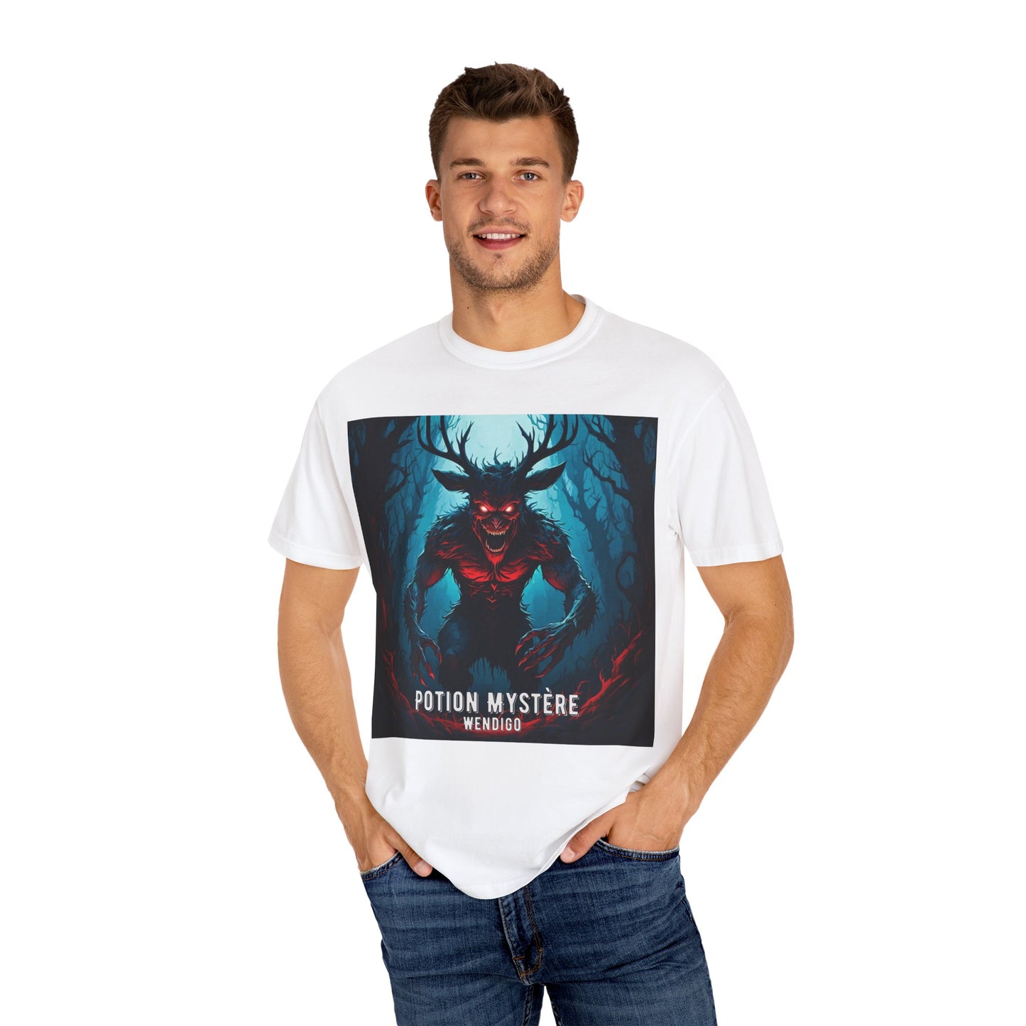 Mystical Wendigo T-Shirt, Unisex Garment-Dyed Tee, Potion Mystère Shirt, Halloween Apparel, Unique Graphic Tee