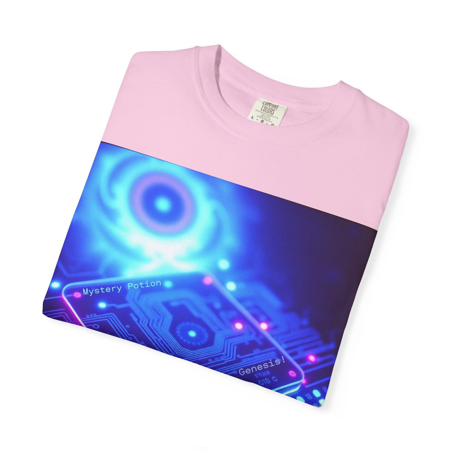 Genesis by Mystery Potion, Tech-Inspired Unisex Garment-Dyed T-Shirt, Unique Gift for Tech Lovers, Festival Wear, Casual Style, Gamer Apparel, Cyberpunk Vibe