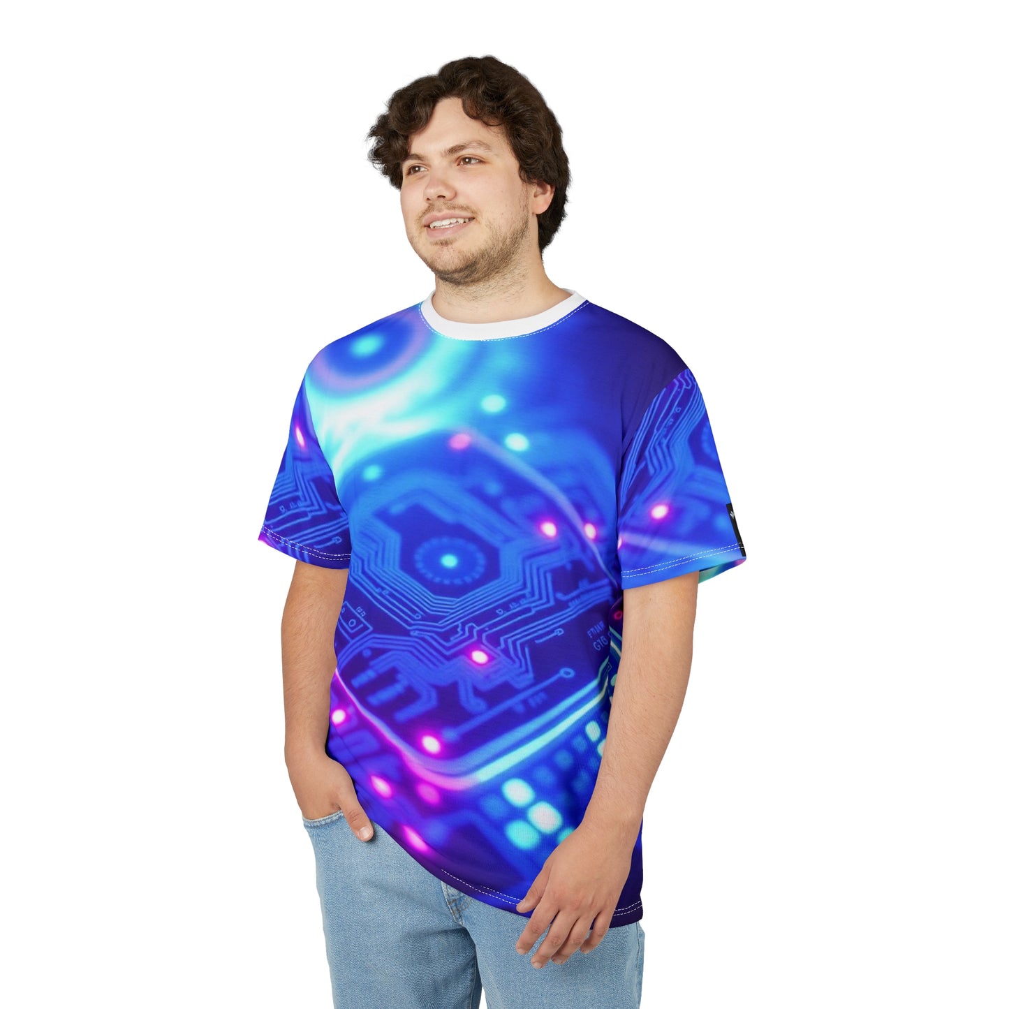 'Genesis' by Mystery Potion Vibrant Tech-Inspired Unisex Tee, AOP Graphic T-Shirt, Unique Cyberpunk Shirt, Trendy Gamer Apparel, Digital Art Fashion Shirt