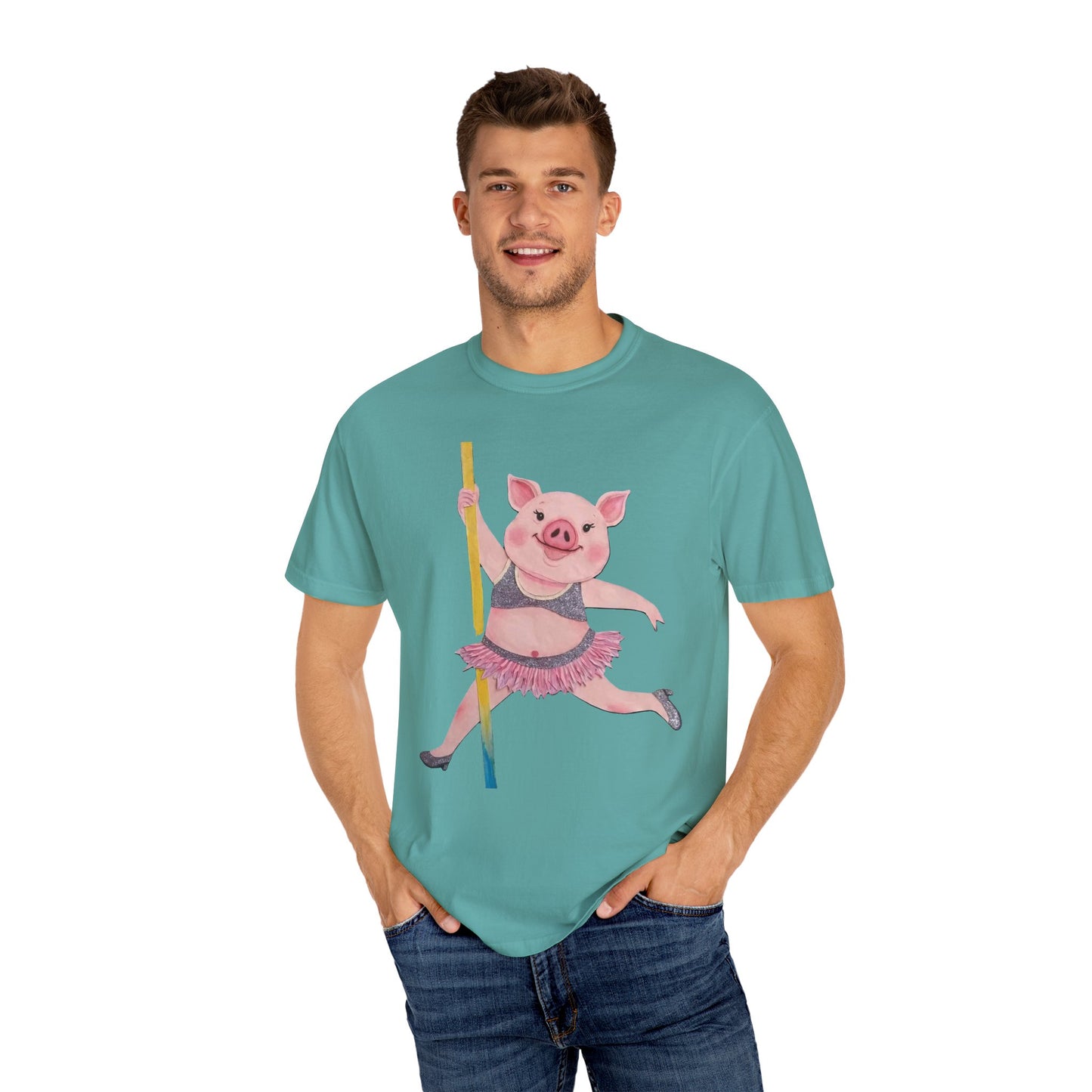'Playful Pig' T-Shirt, Fun Graphic Tee, Animal Lover Gift, Unique Apparel, Funny T-Shirt, Cute Pig Shirt, Pole-Dancers and Pole Dancing Pig.