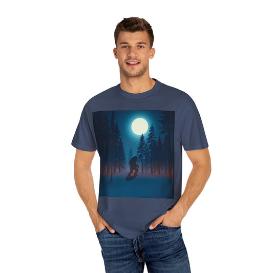 Moonlit Forest Snowboarder T-Shirt, Cozy Adventure Tee, Winter Sports Gift, Unisex Apparel, Outdoor Vibes