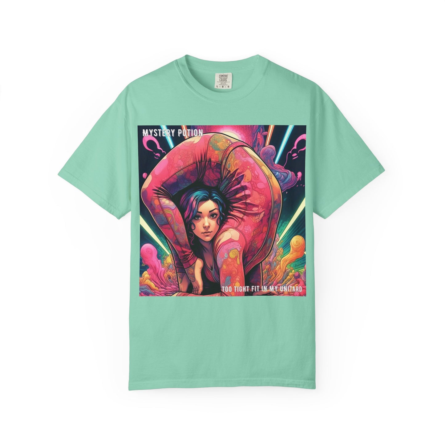 Mystery Potion Extreme Yoga Pose Unisex Garment-Dyed T-shirt, Artistic Tee, Vibrant Graphic Shirt, Unique Gift, Festival Wear, Comfortable Casual Top