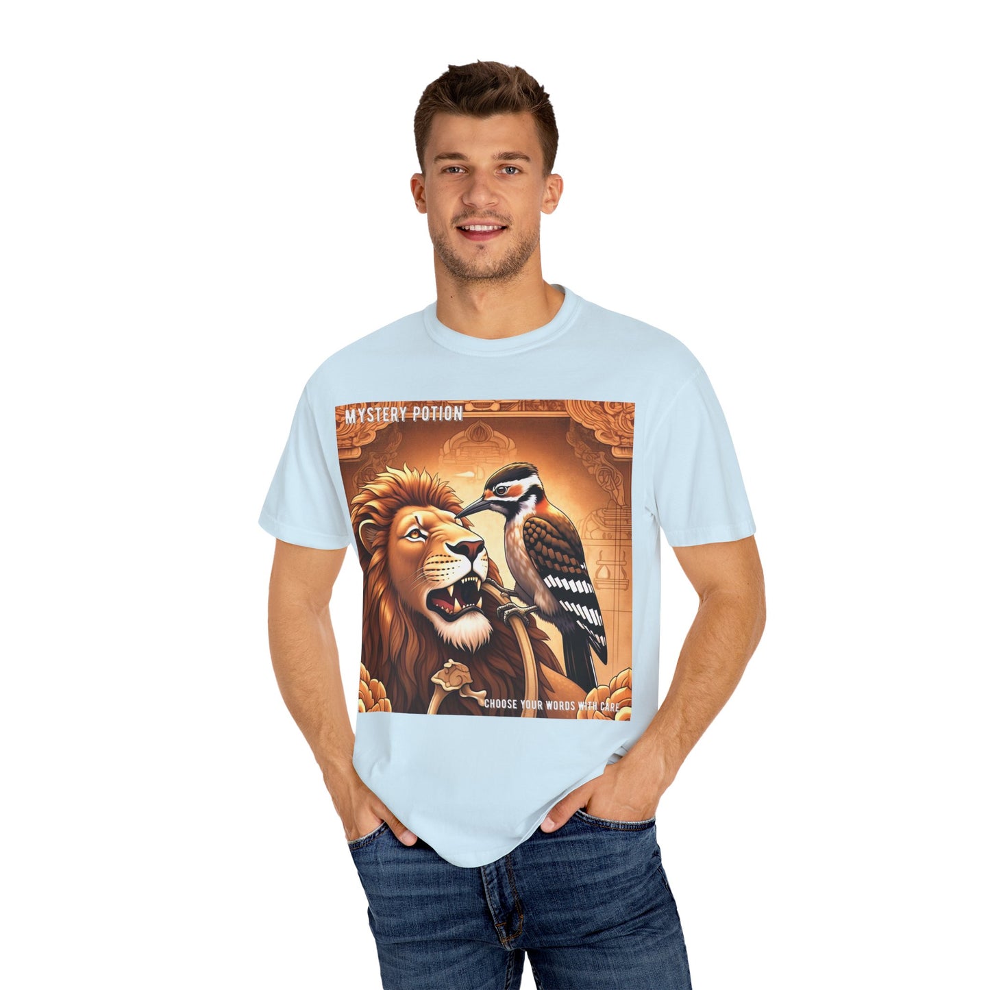Mystical Lion & Bird T-Shirt | Unique Graphic Tee, Unisex Apparel, Gift for Nature Lovers, Bohemian Style, Festival Wear