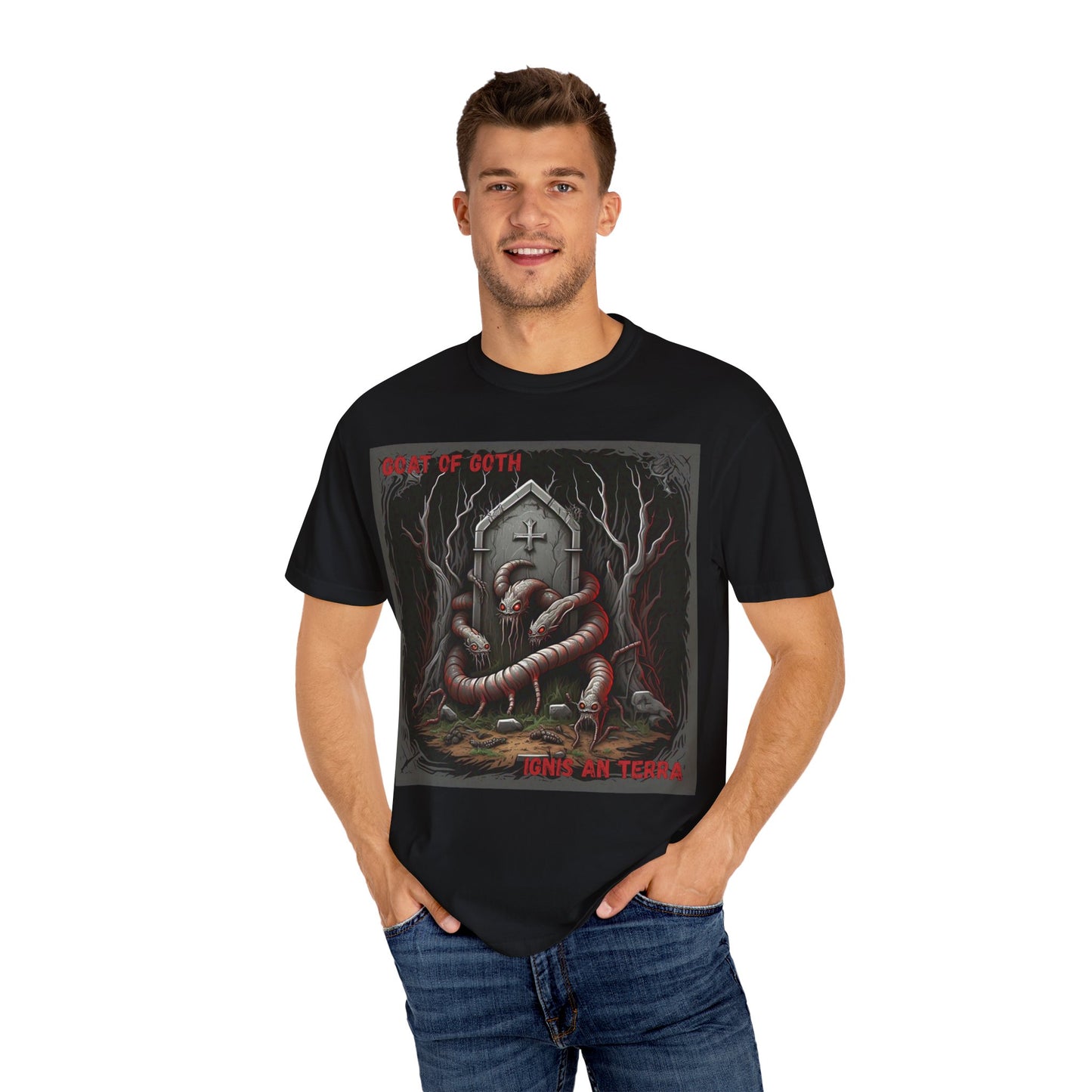'Ignis An Terra' by GOAT of Goth, Gothic Graphic T-Shirt, Dark Aesthetic Tee, Unisex Halloween Shirt, Unique Gift for Horror Lovers, Casual Everyday Wear