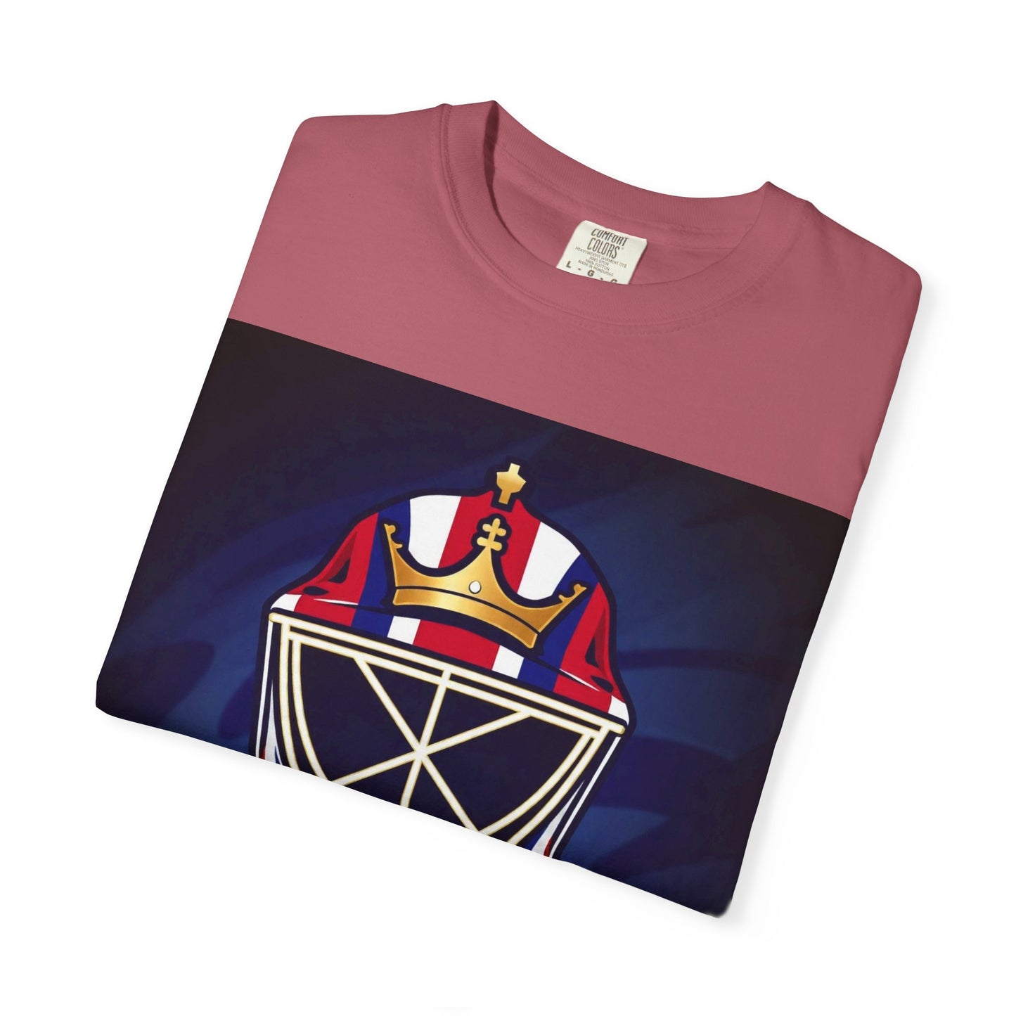 Regal Crown Goalie Mask Graphic T-shirt, Unisex Fashion Tee, Red, White and Blue Casual Wear, Gift for Her/Him, Summer Style, Graphic Apparel, Streetwear