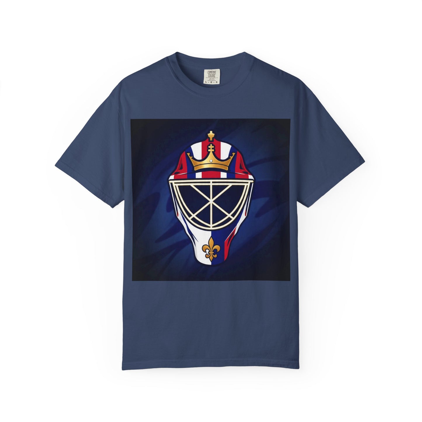 Regal Crown Goalie Mask Graphic T-shirt, Unisex Fashion Tee, Red, White and Blue Casual Wear, Gift for Her/Him, Summer Style, Graphic Apparel, Streetwear