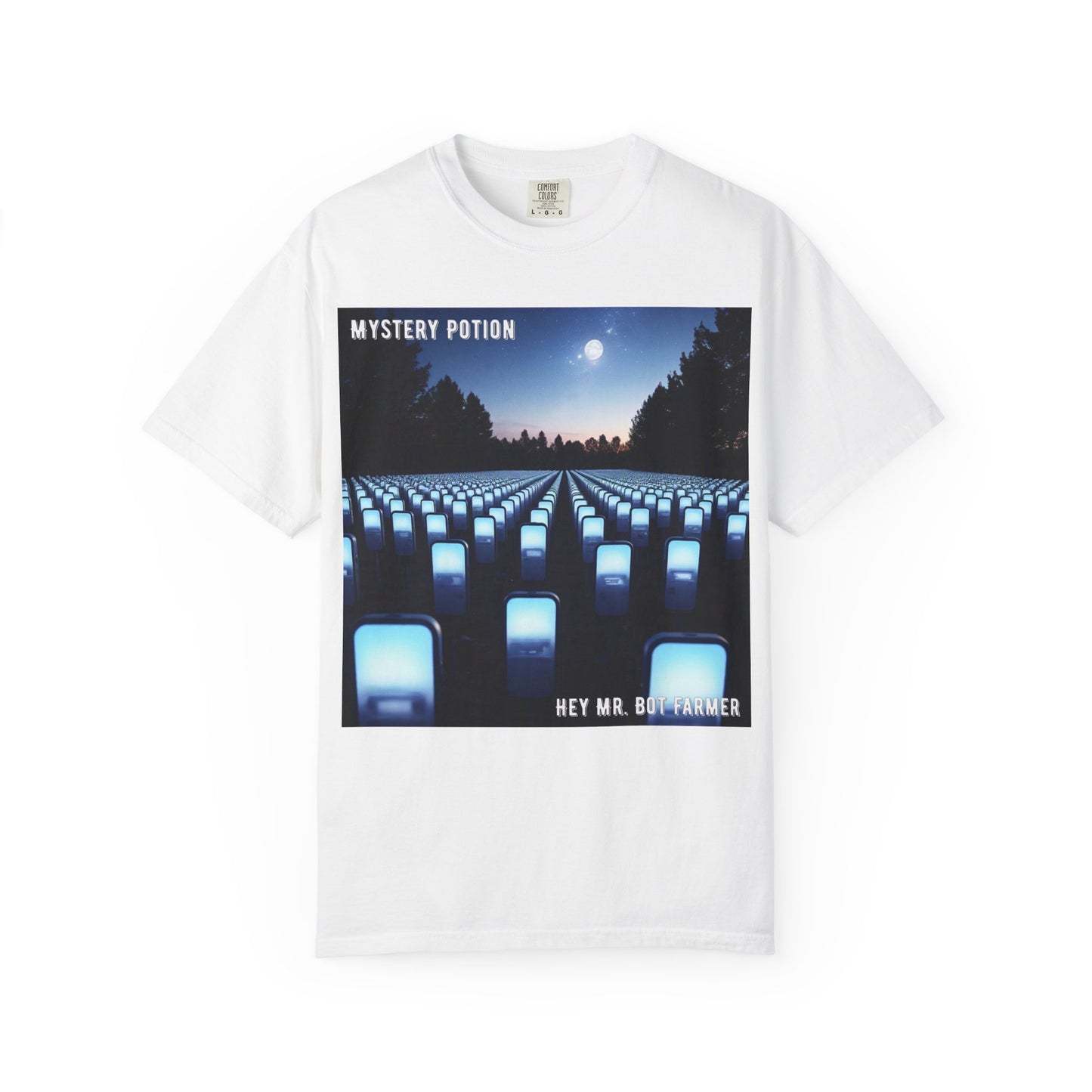 Mystery Potion "Hey Mr. Bot Farmer" Graphic T-Shirt, Unisex Vintage Tee, Perfect for Music Festivals, Casual Wear, Gifts for Him/Her