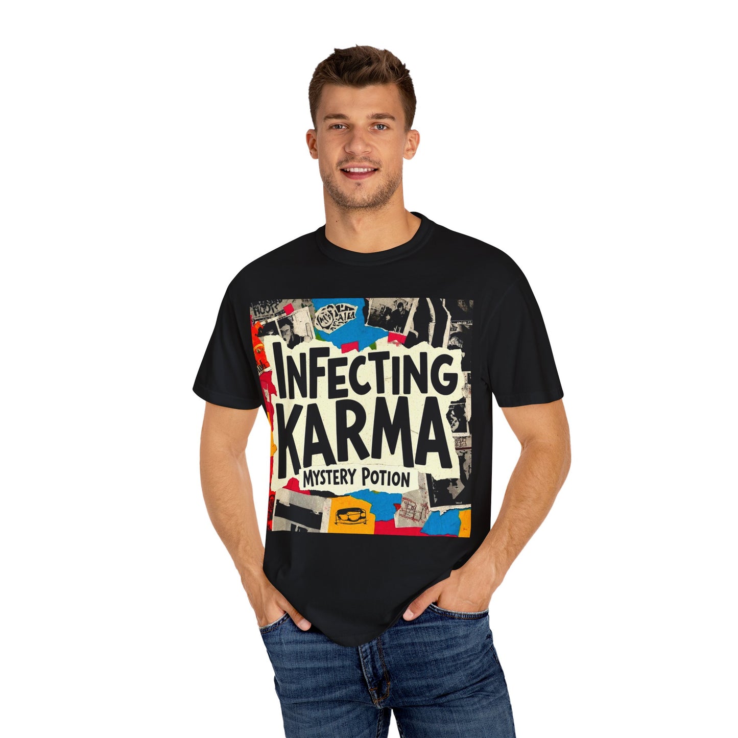 'Infecting Karma' by Mystery Potion,  Mystical Vibes T-shirt Design - Summer Casual Wear, Gift for Friends, Festival Apparel, Unique Statement Tee