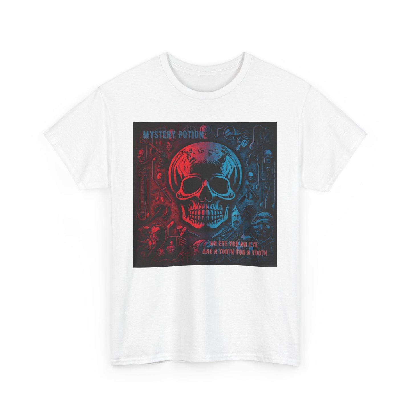 An Eye For An Eye And A Tooth For A Tooth by Mystery Potion, Stylish Skull Graphic Tee - Perfect for Halloween, Casual Wear, Music Festivals, Unique Gift, Unisex Heavy Cotton Shirt