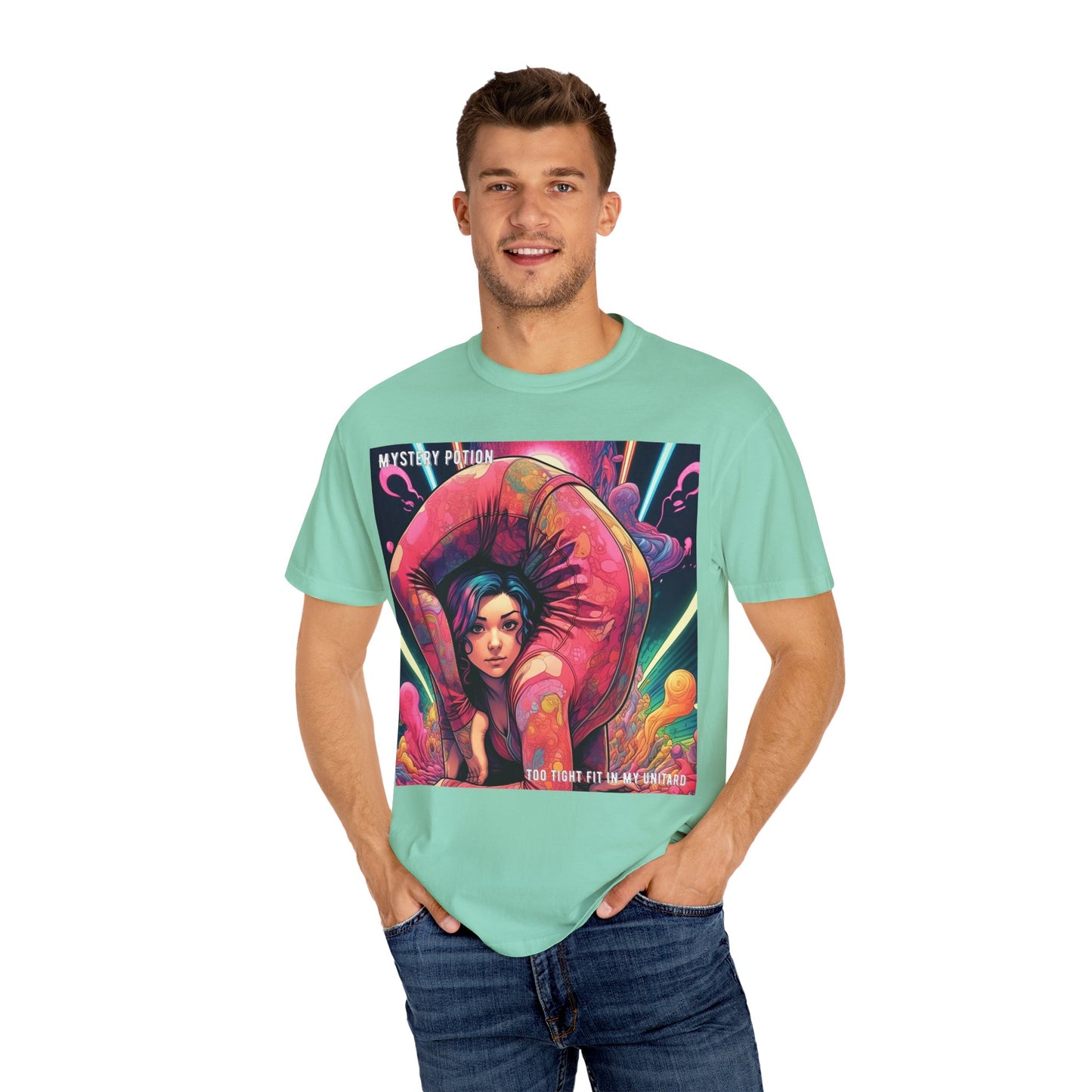 Mystery Potion Extreme Yoga Pose Unisex Garment-Dyed T-shirt, Artistic Tee, Vibrant Graphic Shirt, Unique Gift, Festival Wear, Comfortable Casual Top