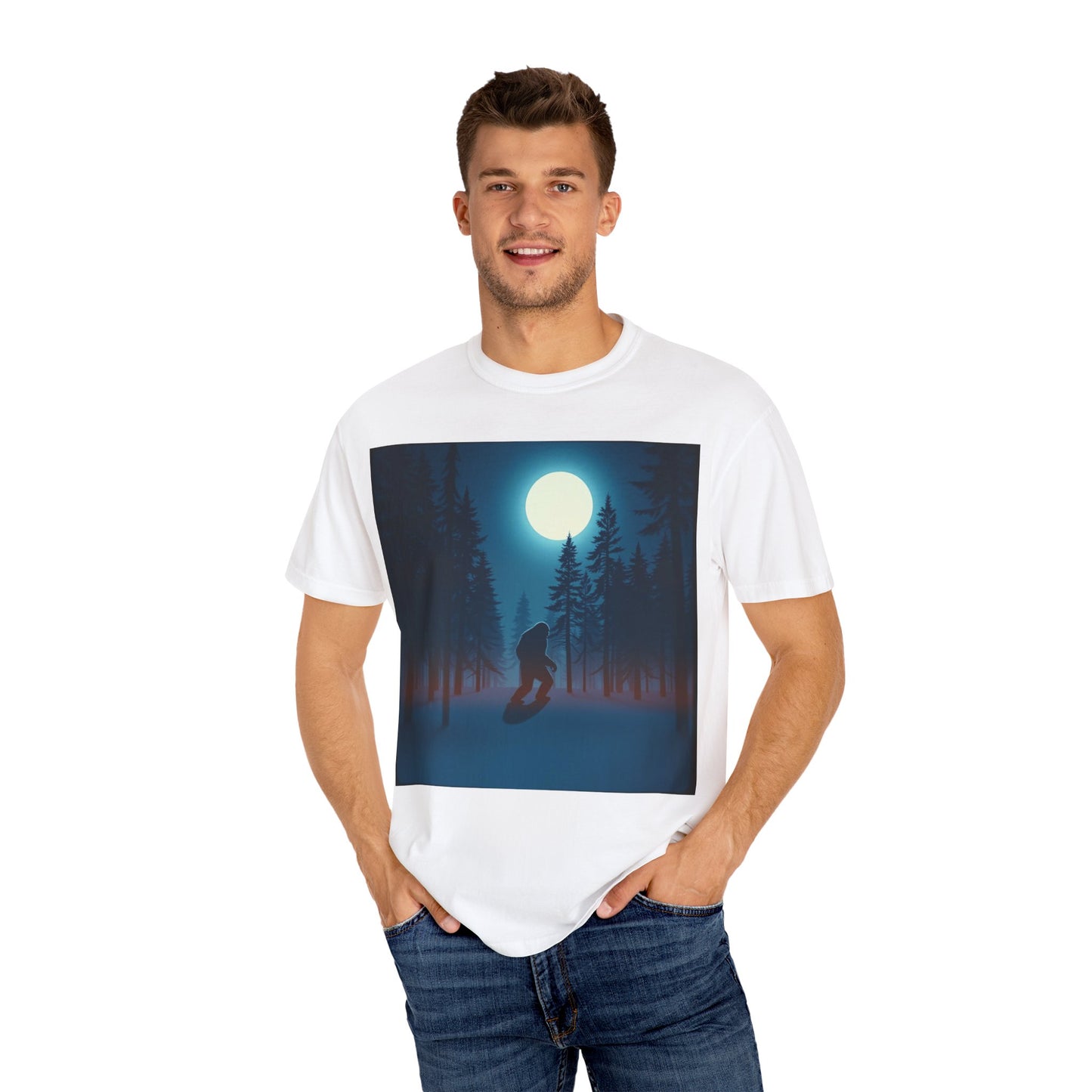 Moonlit Forest Snowboarder T-Shirt, Cozy Adventure Tee, Winter Sports Gift, Unisex Apparel, Outdoor Vibes