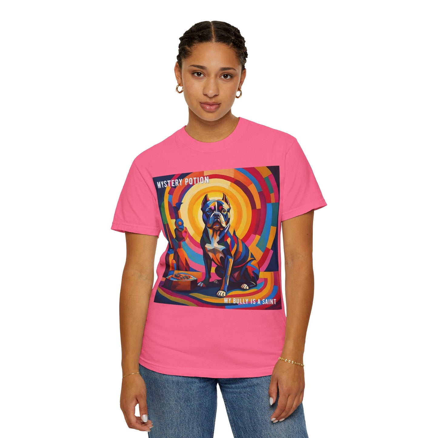 'My Bully Is A Saint' by Mystery Potion Colorful Dog Art T-shirt, Unisex Graphic Tee by Mystery Potion, Perfect for Pet Lovers, Comfy Casual Wear, Great Gift for Dog Lovers