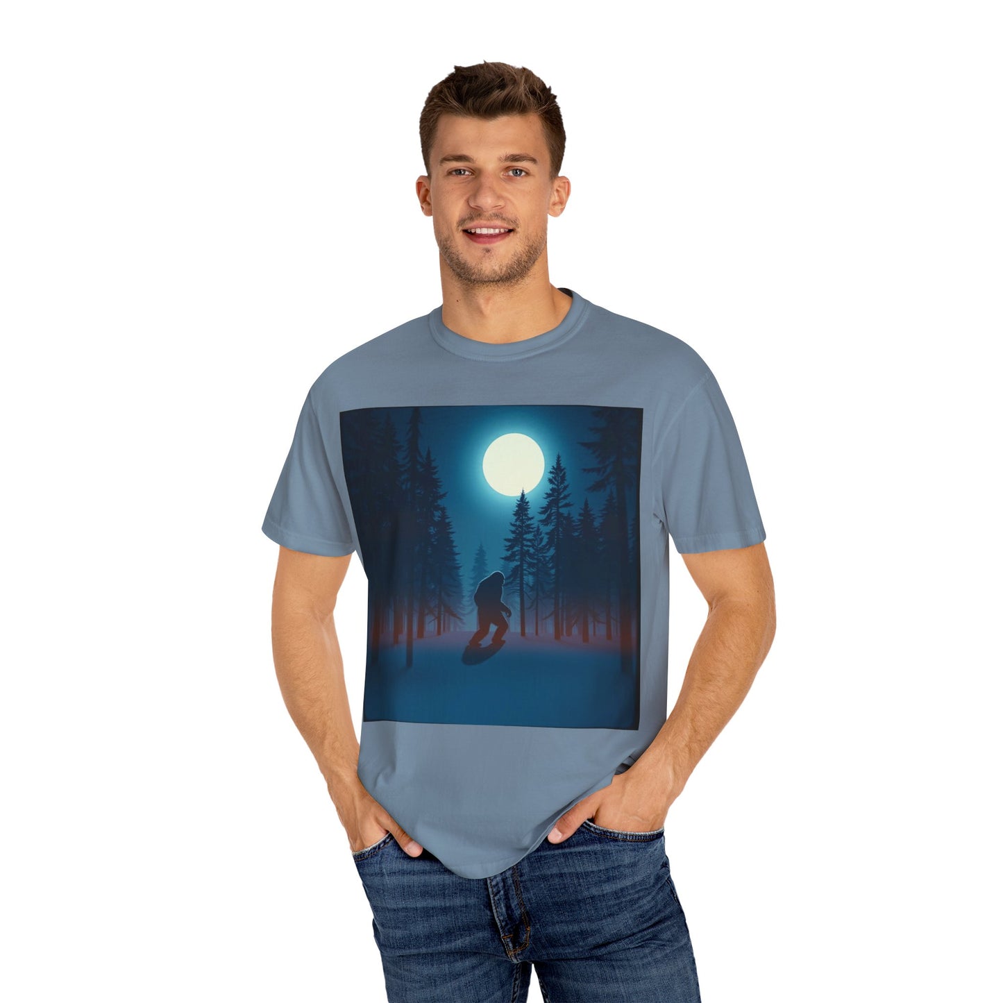 Moonlit Forest Snowboarder T-Shirt, Cozy Adventure Tee, Winter Sports Gift, Unisex Apparel, Outdoor Vibes