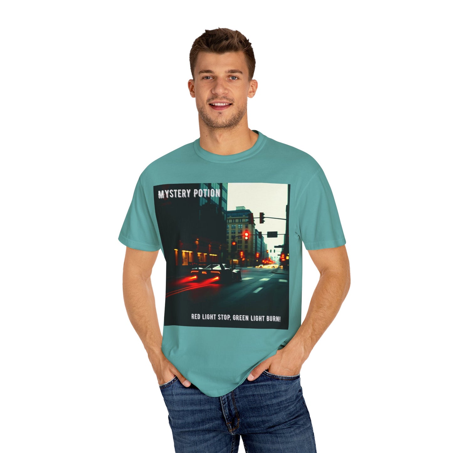 'Red Light Stop, Green Light Burn' by Mystery Potion Urban Vibe T-Shirt, Street Art T-Shirt, Fashion Tee, Gift for Art Lovers, Unisex Cotton Shirt, Unique Graphic Tee