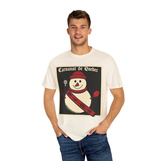 Quebec Carnaval Vintage Snowman Biker Lore Rocker T-Shirt, Cozy Winter Apparel, Unisex Snowman Graphic Tee, Festive Celebration Shirt, Winter Holiday Gift