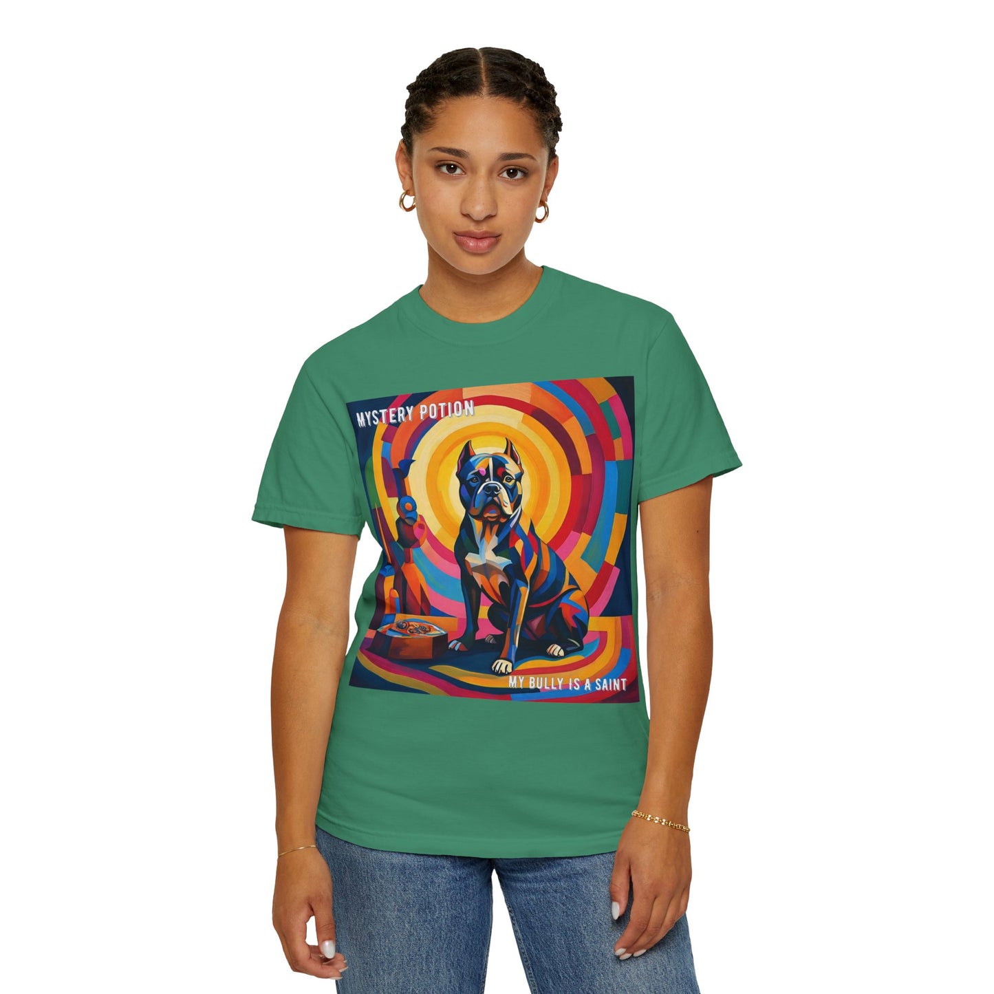 'My Bully Is A Saint' by Mystery Potion Colorful Dog Art T-shirt, Unisex Graphic Tee by Mystery Potion, Perfect for Pet Lovers, Comfy Casual Wear, Great Gift for Dog Lovers