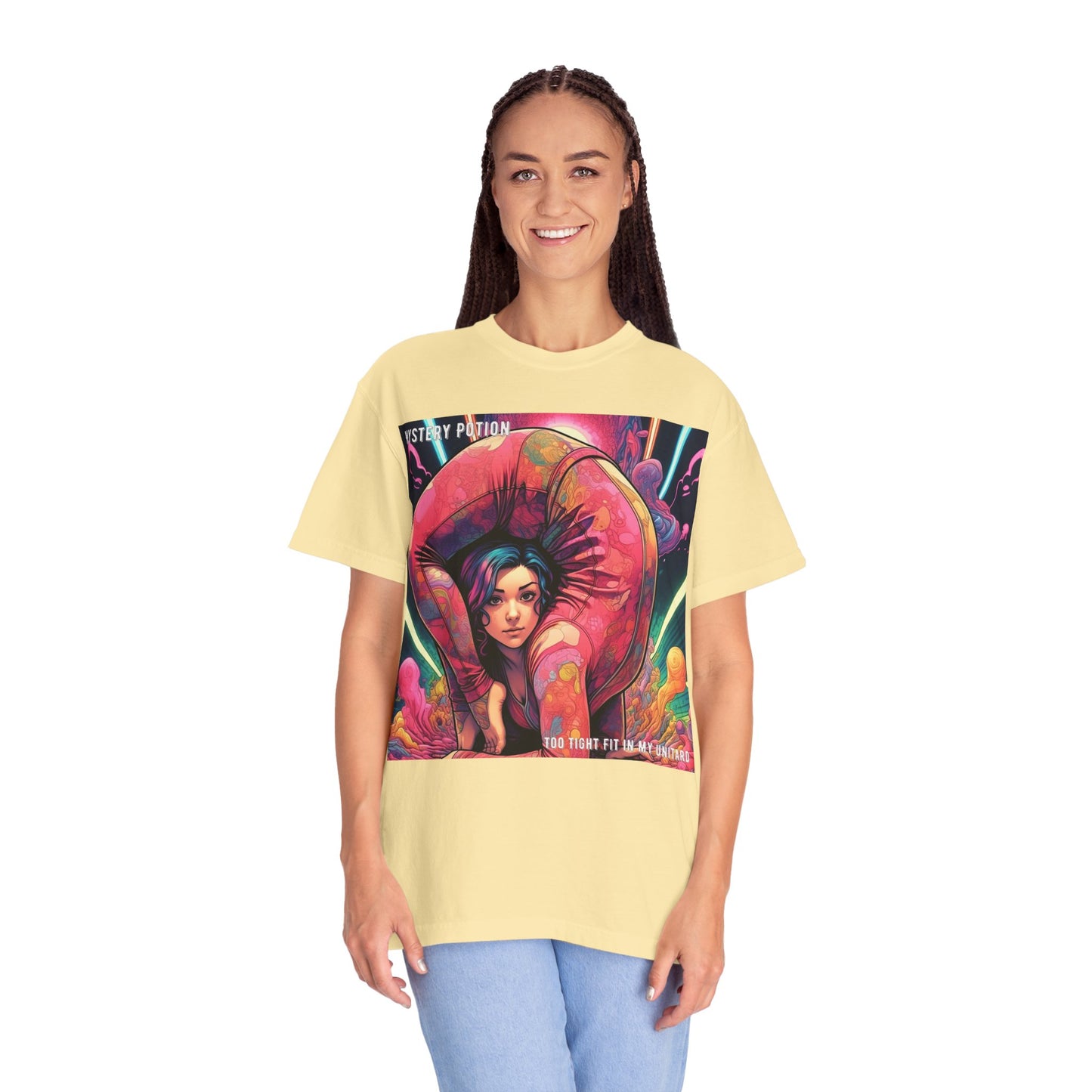 Mystery Potion Extreme Yoga Pose Unisex Garment-Dyed T-shirt, Artistic Tee, Vibrant Graphic Shirt, Unique Gift, Festival Wear, Comfortable Casual Top
