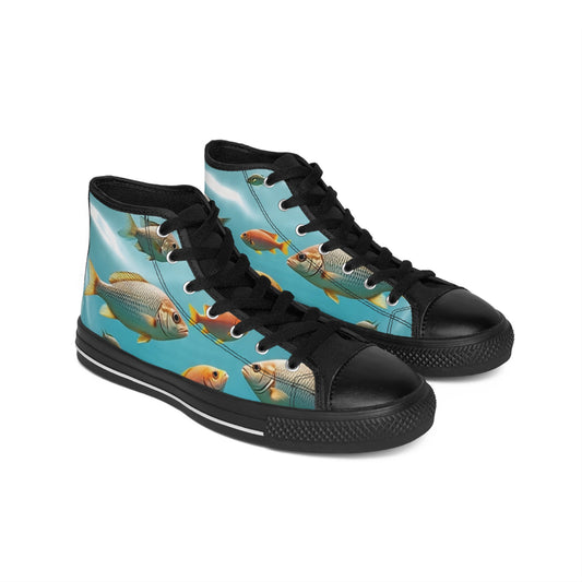 Fishies In A Baggy Women's High-Top Sneakers, Unique Fish Art Shoes, Trendy Walking Sneakers, Custom Graphic Fish Print Sneakers, Fish Lover Footwear