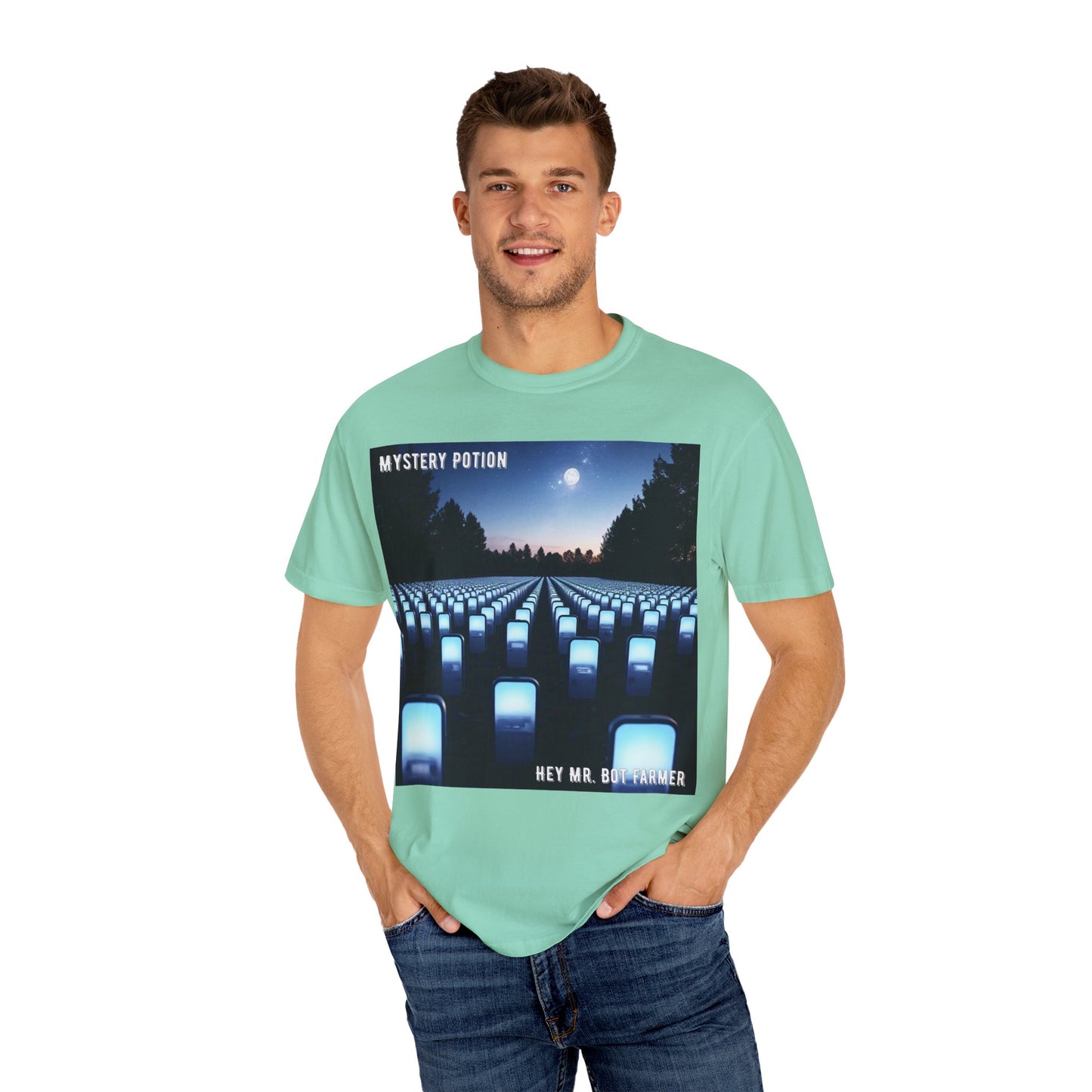 Mystery Potion "Hey Mr. Bot Farmer" Graphic T-Shirt, Unisex Vintage Tee, Perfect for Music Festivals, Casual Wear, Gifts for Him/Her
