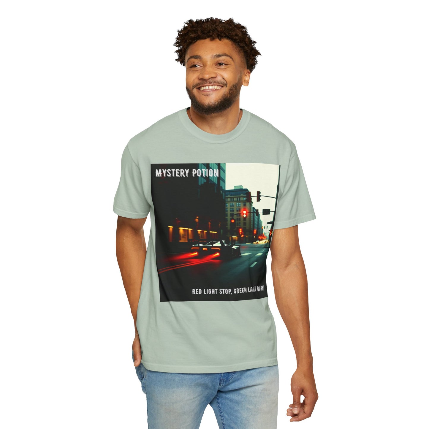 'Red Light Stop, Green Light Burn' by Mystery Potion Urban Vibe T-Shirt, Street Art T-Shirt, Fashion Tee, Gift for Art Lovers, Unisex Cotton Shirt, Unique Graphic Tee