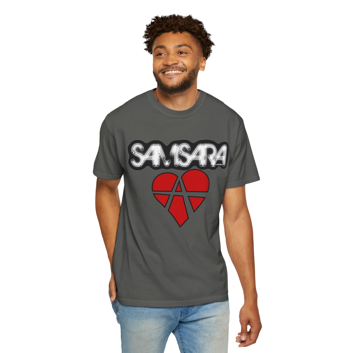 'Samsara Rocks' Logo, Love and Anarchy Graphic Tee | Unisex Garment-Dyed T-Shirt, Casual Fashion, Heart Design, Streetwear, Gift for Him/Her