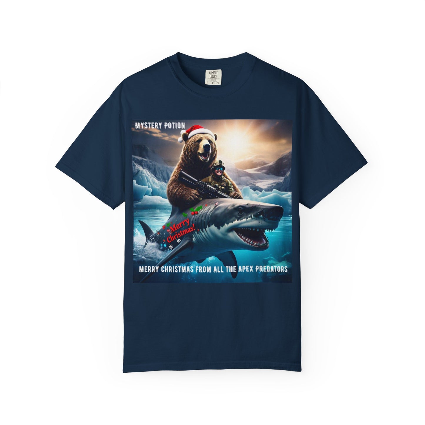 X-mas Humor T-Shirt "Merry Christmas from All the Apex Predators", Unisex Garment-Dyed Tee, Funny Holiday Shirt, Gift for Friends, Outdoor Adventure Wear, Novelty Apparel