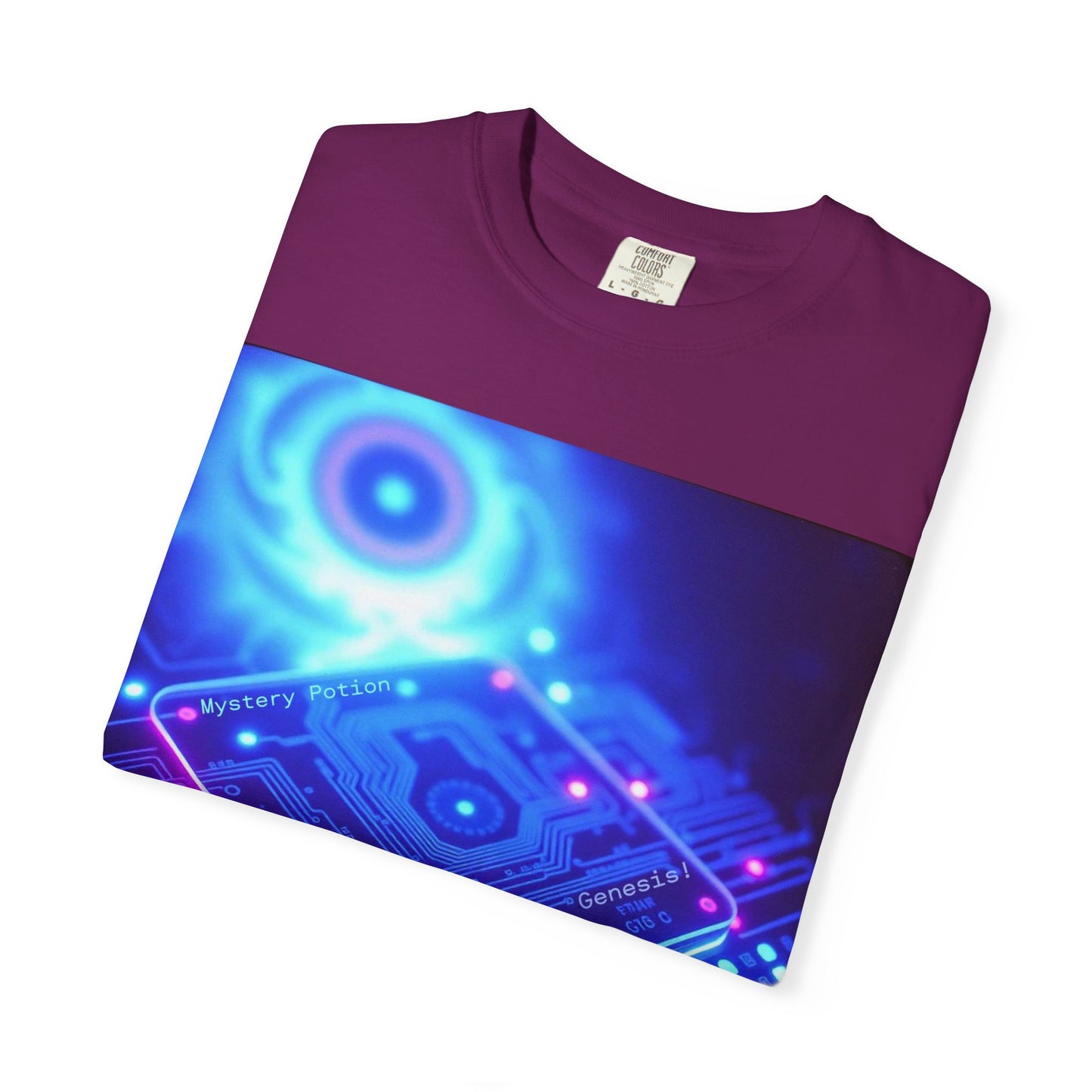 Genesis by Mystery Potion, Tech-Inspired Unisex Garment-Dyed T-Shirt, Unique Gift for Tech Lovers, Festival Wear, Casual Style, Gamer Apparel, Cyberpunk Vibe