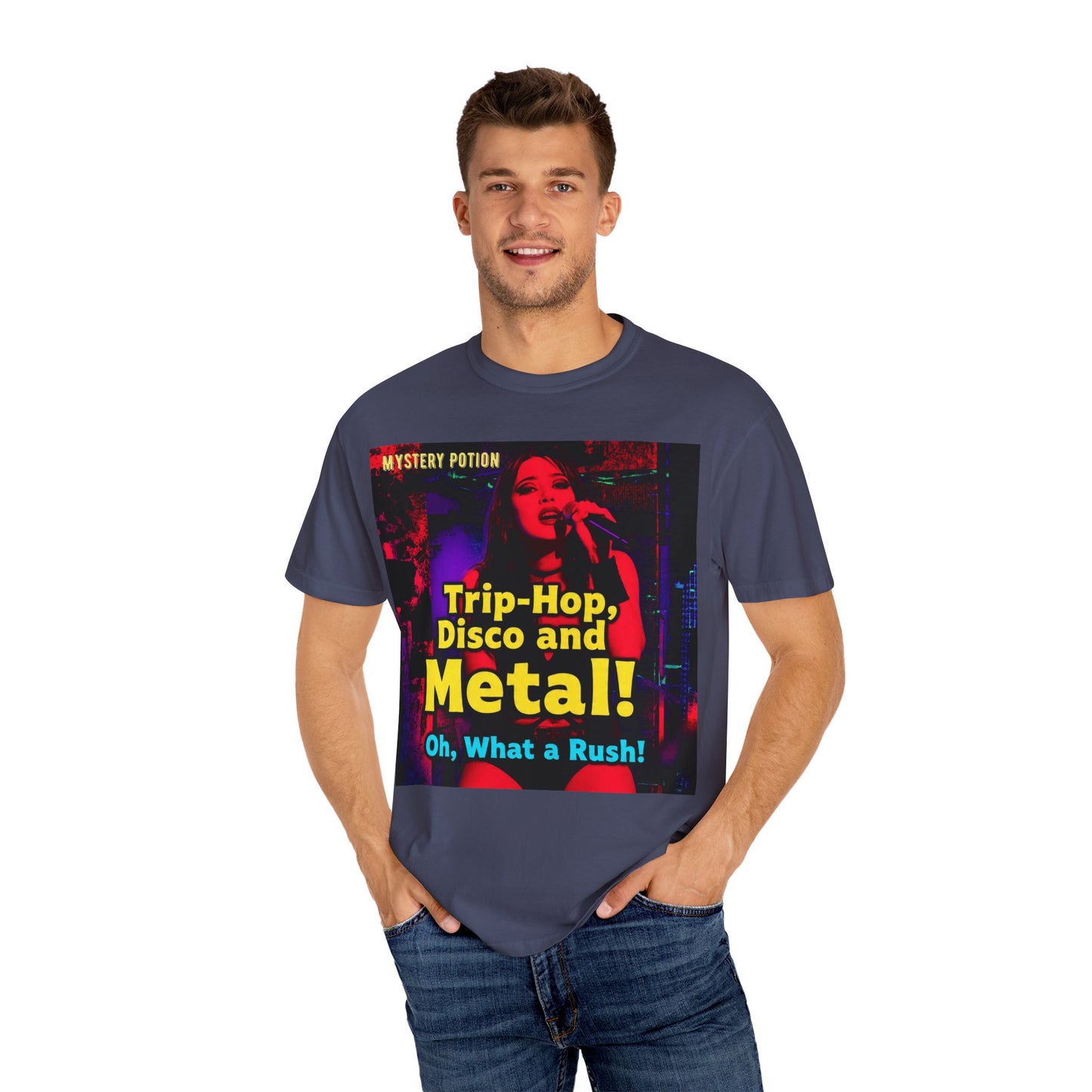 Trip Hop, Disco and Metal! Oh, What a Rush Vibrant Music-Themed Unisex T-shirt | Perfect Gift for Music Lovers, Concert Attendees, Band Merch, Festival Apparel, and Casual Wear