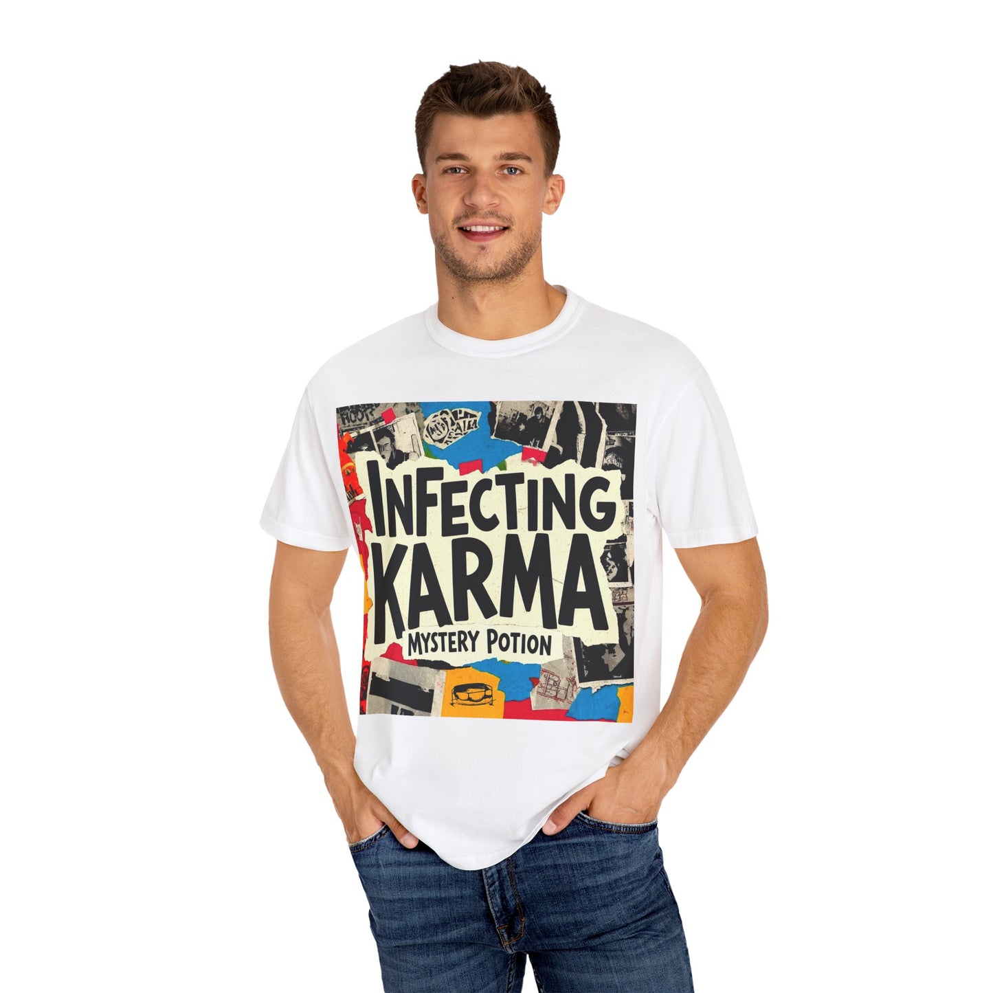 'Infecting Karma' by Mystery Potion,  Mystical Vibes T-shirt Design - Summer Casual Wear, Gift for Friends, Festival Apparel, Unique Statement Tee