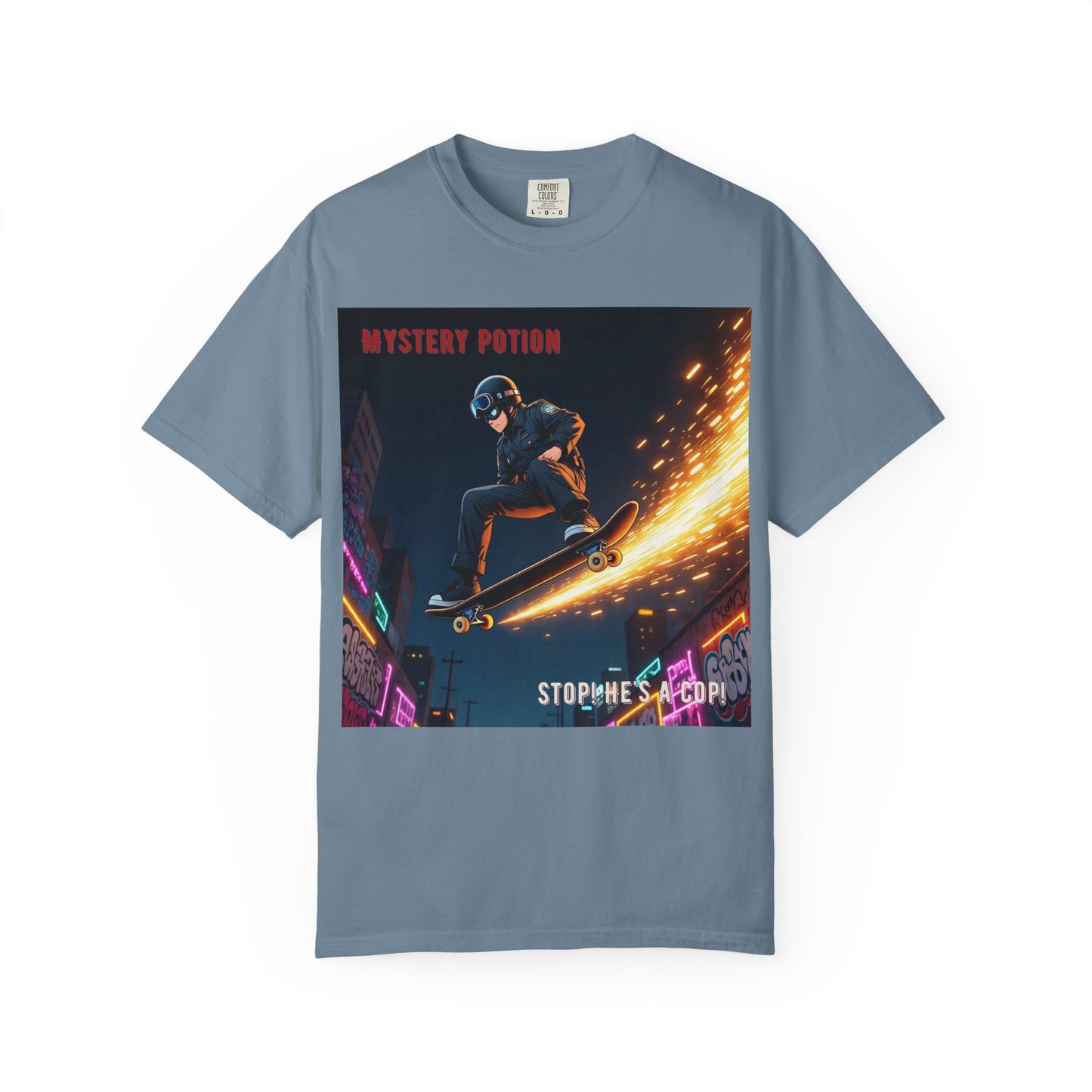 'Stop! He's A Cop!' by Mystery Potion, Skateboard Hardcore Punk T-shirt, Cozy Graphic Tee, Perfect Gift for Skaters, Unisex Streetwear Shirt, Trendy Casual Wear