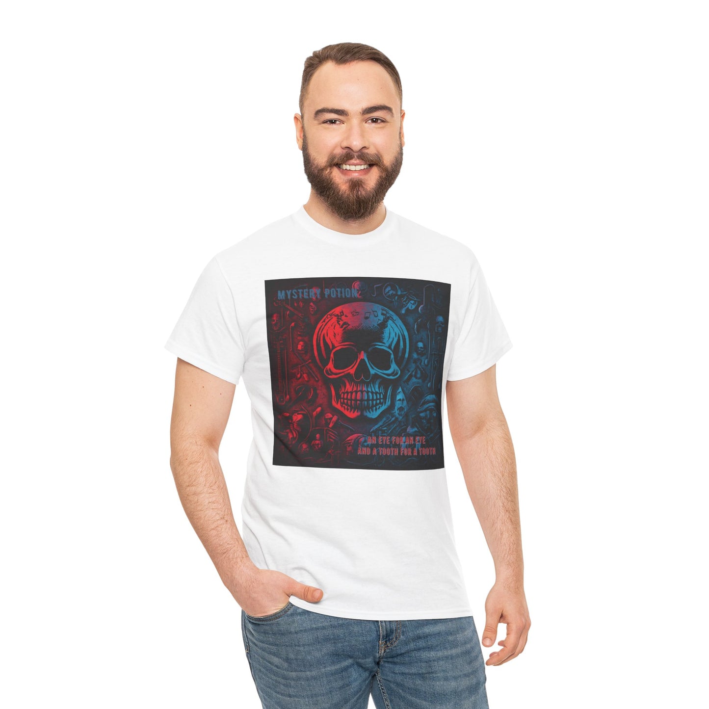 An Eye For An Eye And A Tooth For A Tooth by Mystery Potion, Stylish Skull Graphic Tee - Perfect for Halloween, Casual Wear, Music Festivals, Unique Gift, Unisex Heavy Cotton Shirt