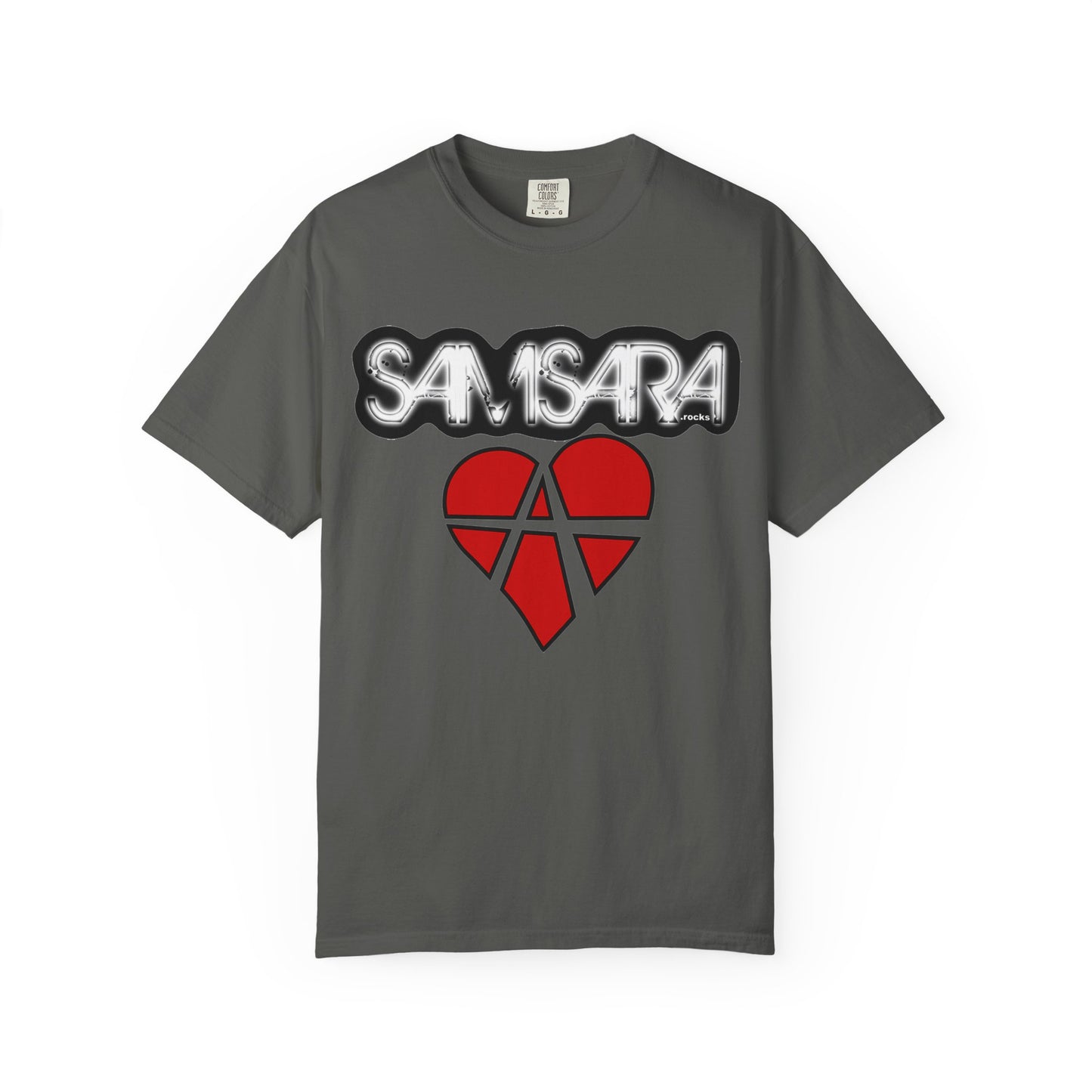 'Samsara Rocks' Logo, Love and Anarchy Graphic Tee | Unisex Garment-Dyed T-Shirt, Casual Fashion, Heart Design, Streetwear, Gift for Him/Her