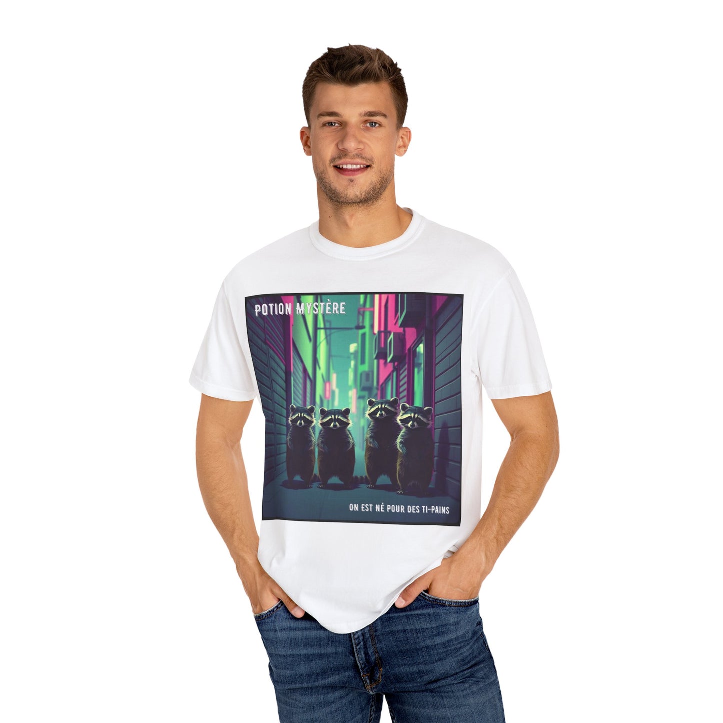 'On Est Né Pour Des Ti Pains' par Potion Mystère, Racoons Graphic Tee for Nature Lovers, Unisex Shirt for Pop Punk Song, Gift for Gamers, Casual Wear, Eco-Friendly Apparel