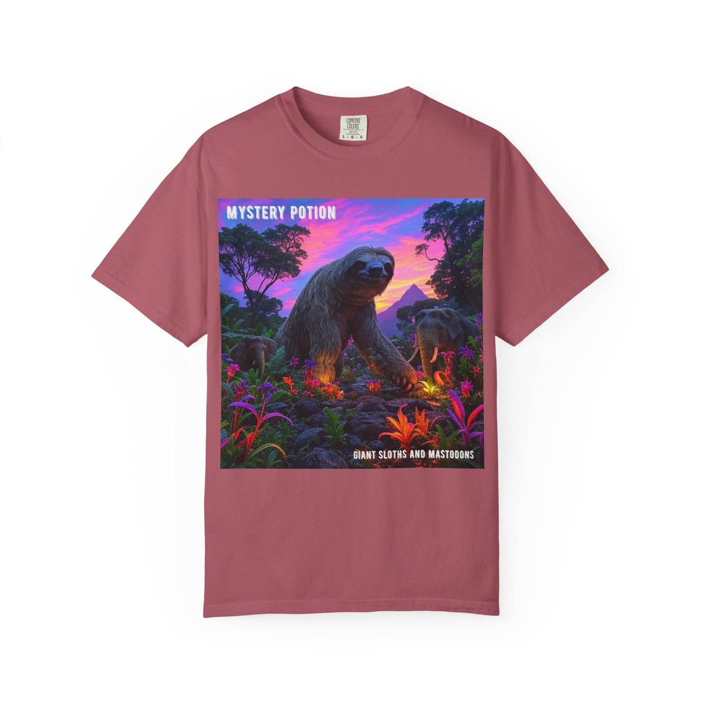 Mystery Potion's Giant Sloths and Mastodons Graphic T-Shirt | Unisex Garment-Dyed Tee for Nature Lovers, Unique Gift, Festival Wear, Prehistoric Design