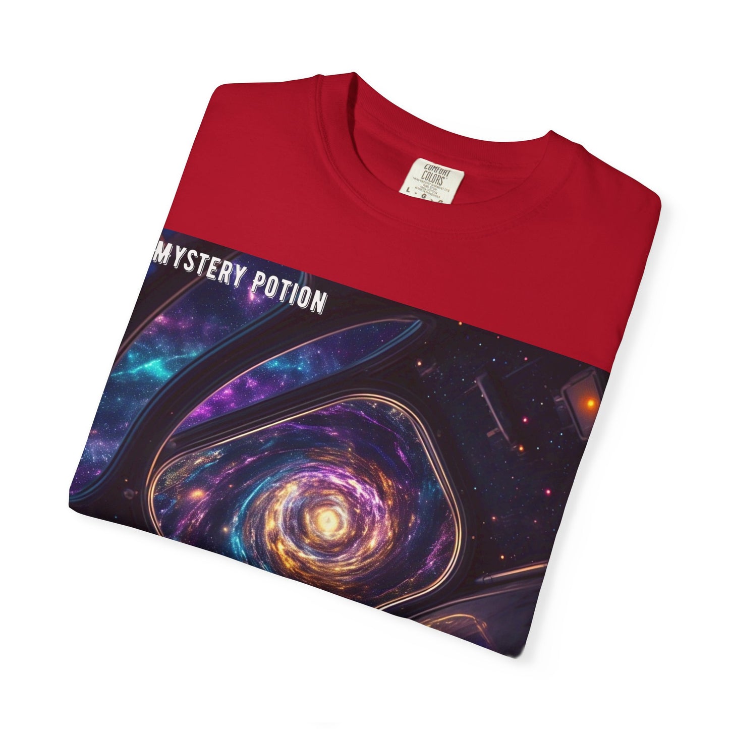 Cosmic Themed Mystery Potion Unisex Garment-Dyed T-shirt, Mystical Tee, Galaxy Shirt, Space Art Apparel, Unique Gift for Event Horizon Stargazers