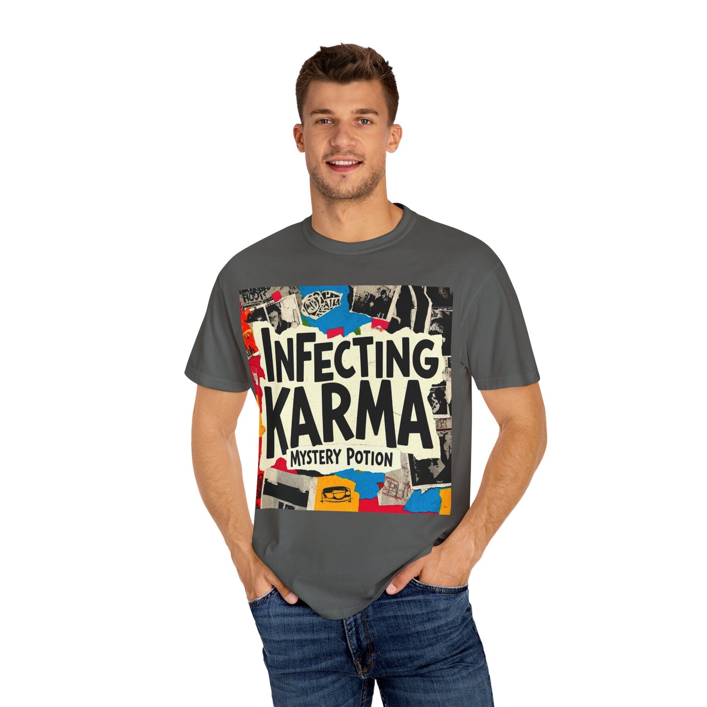 'Infecting Karma' by Mystery Potion,  Mystical Vibes T-shirt Design - Summer Casual Wear, Gift for Friends, Festival Apparel, Unique Statement Tee
