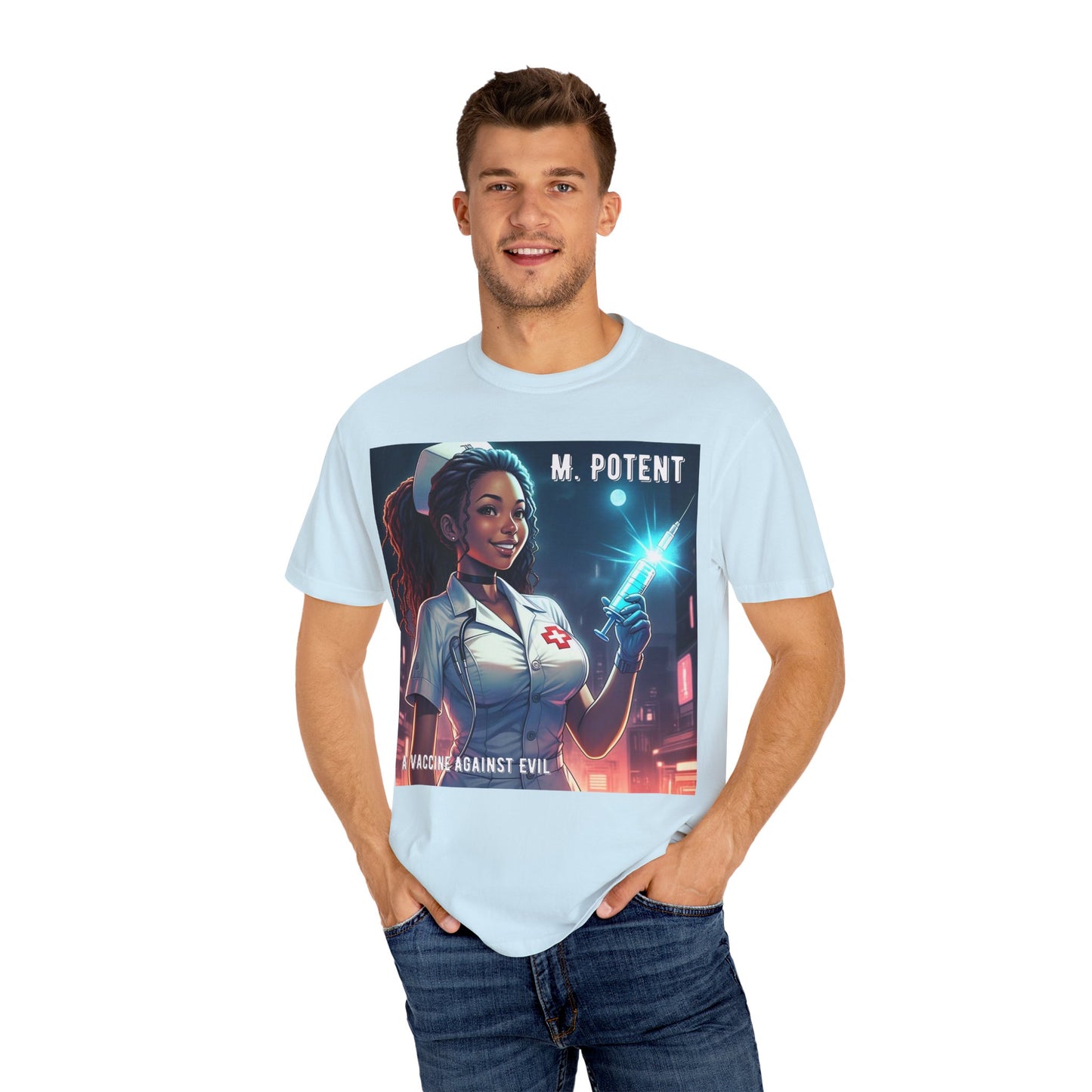 M. Potent's 'A Vaccine Against Evil', Medicine-Themed Unisex T-Shirt, Positive Vibes, Great for Nurses, Vaccination Awareness, Gift for Healthcare Workers