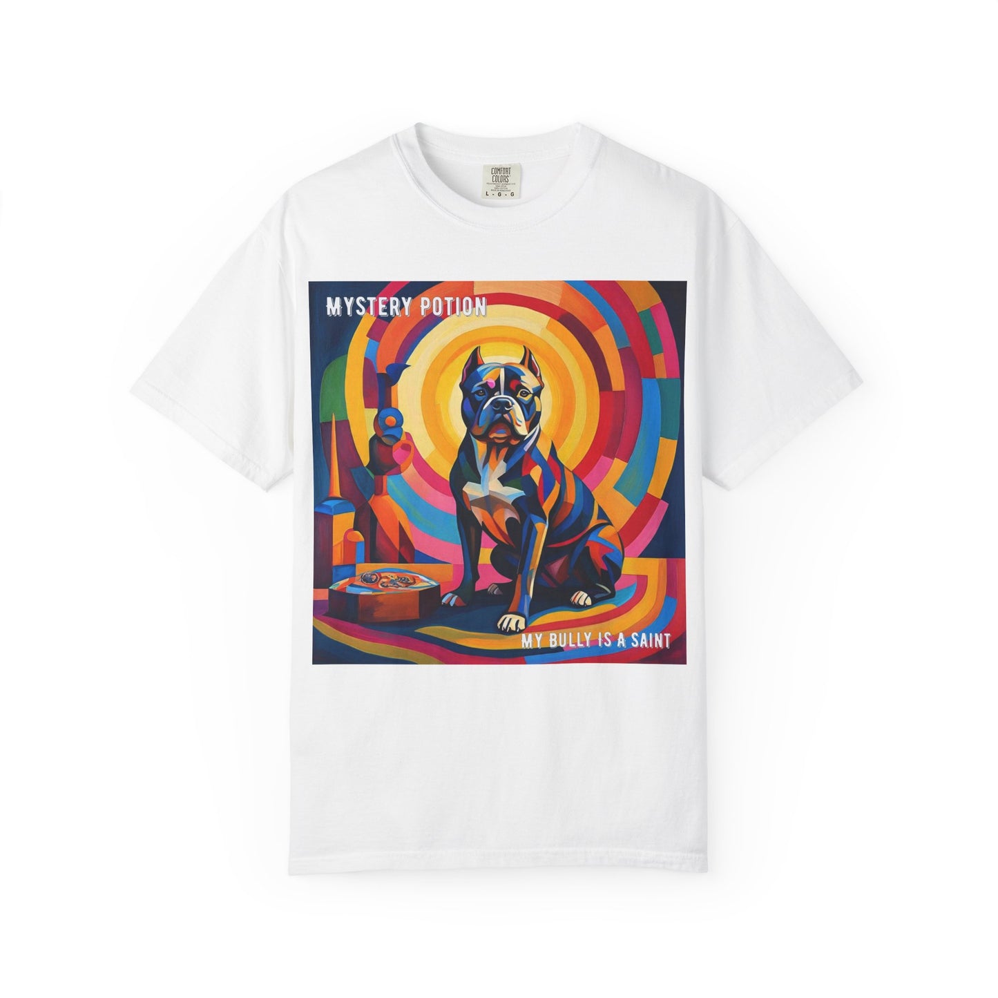 'My Bully Is A Saint' by Mystery Potion Colorful Dog Art T-shirt, Unisex Graphic Tee by Mystery Potion, Perfect for Pet Lovers, Comfy Casual Wear, Great Gift for Dog Lovers