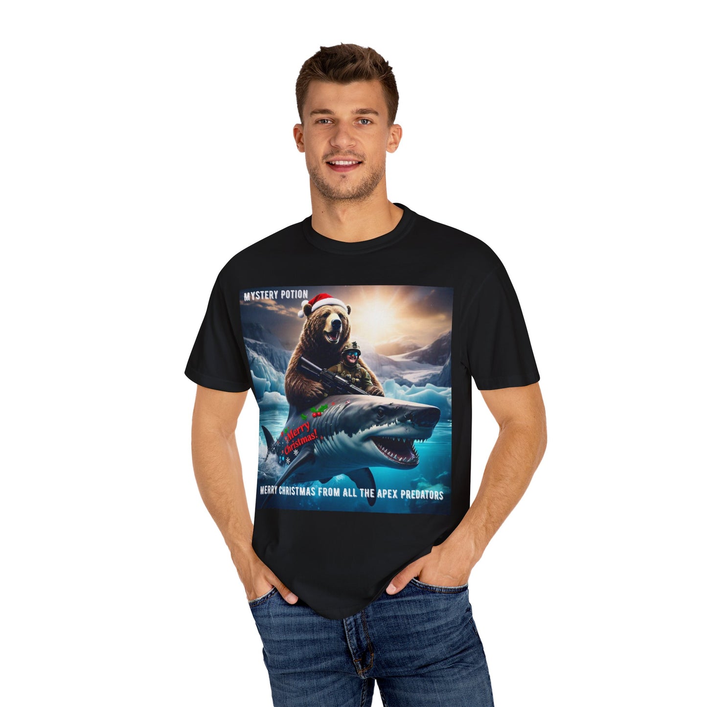X-mas Humor T-Shirt "Merry Christmas from All the Apex Predators", Unisex Garment-Dyed Tee, Funny Holiday Shirt, Gift for Friends, Outdoor Adventure Wear, Novelty Apparel