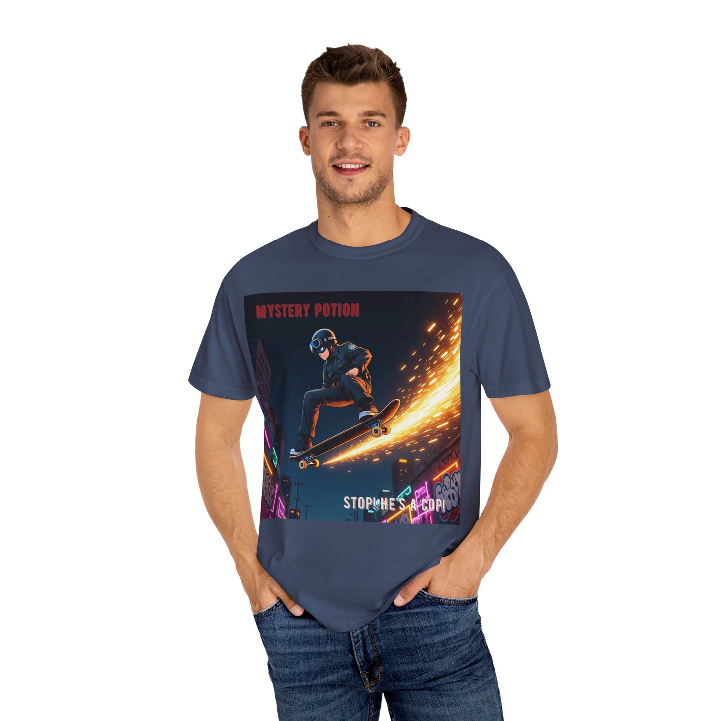 'Stop! He's A Cop!' by Mystery Potion, Skateboard Hardcore Punk T-shirt, Cozy Graphic Tee, Perfect Gift for Skaters, Unisex Streetwear Shirt, Trendy Casual Wear