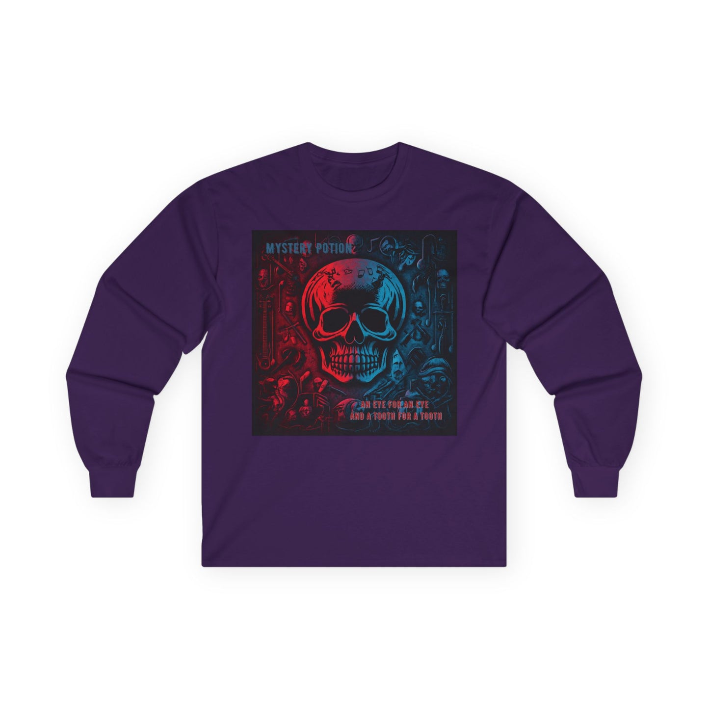 Mystery Potion's 'An Eye For An Eye, And A Tooth For A Tooth' Long Sleeve Tee: Red and Blue Skull Design