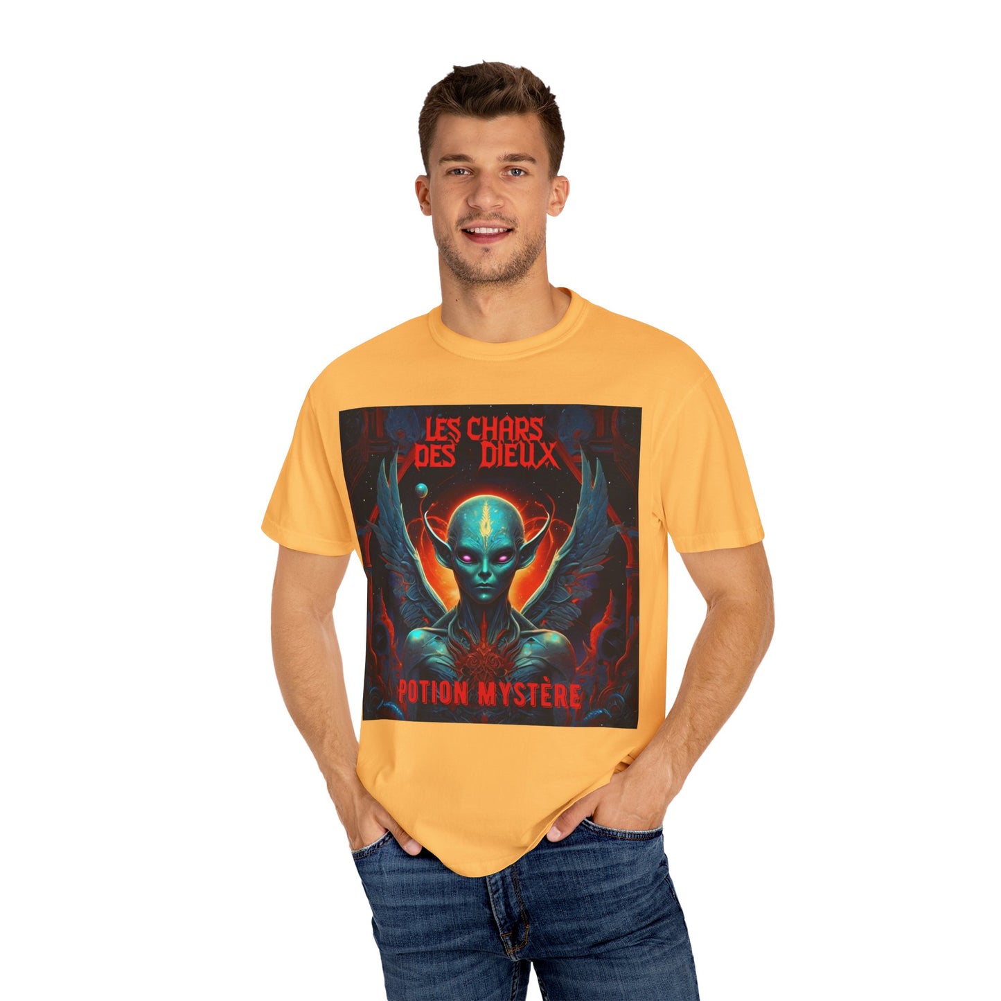 'Les Chars des Dieux' par Potion Mystère, Mystical Alien Graphic T-Shirt | Unisex Tee for Sci-Fi Lovers, Unique Gift for Halloween, Cosmic Vibes, Statement Shirt, Trendy Fashion