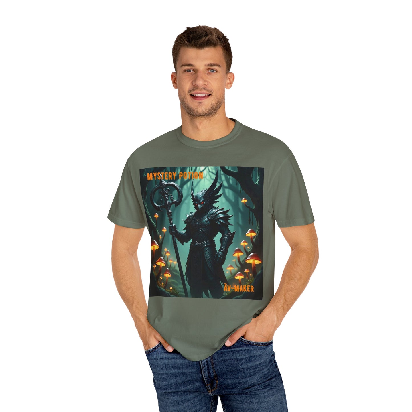 Mystical Āv-Maker Unisex Garment-Dyed T-shirt, Fantasy Apparel, Gift for Gamers, Witchy T-shirt, Mystery Potion Design, Unisex Tee