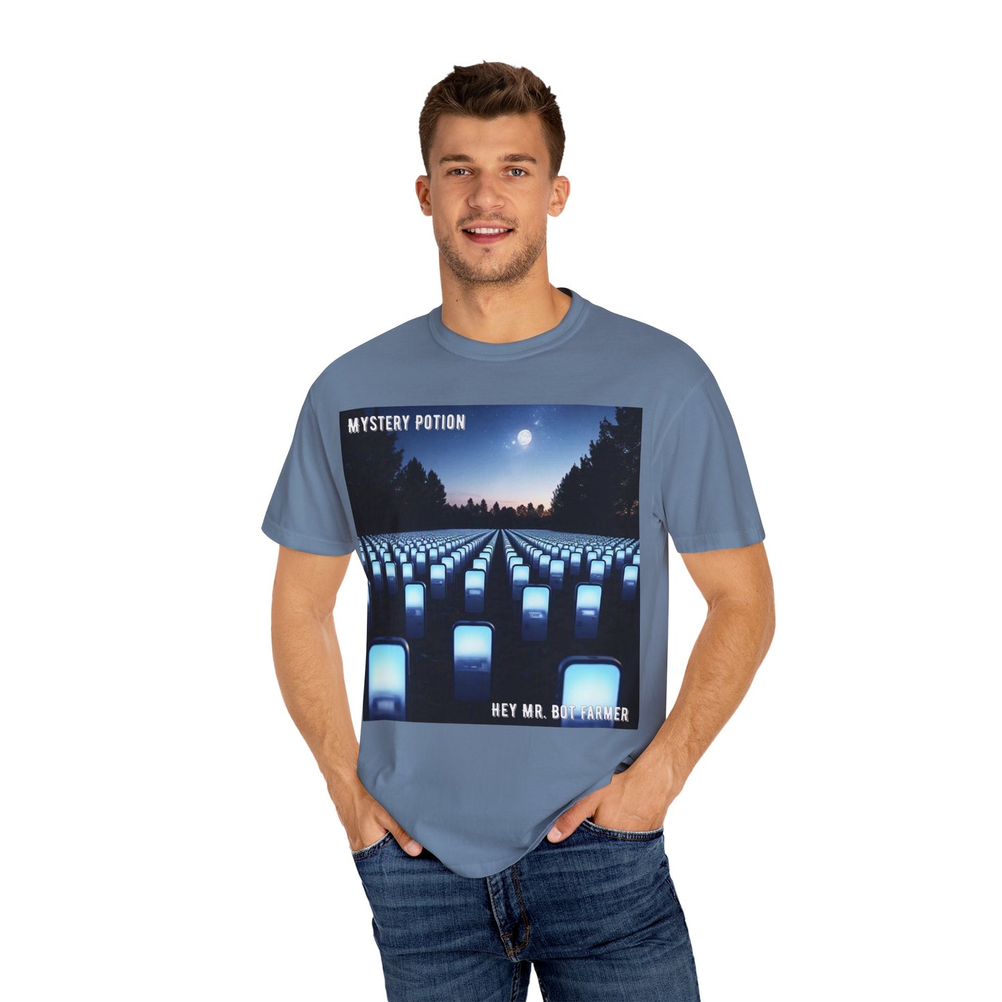 Mystery Potion "Hey Mr. Bot Farmer" Graphic T-Shirt, Unisex Vintage Tee, Perfect for Music Festivals, Casual Wear, Gifts for Him/Her