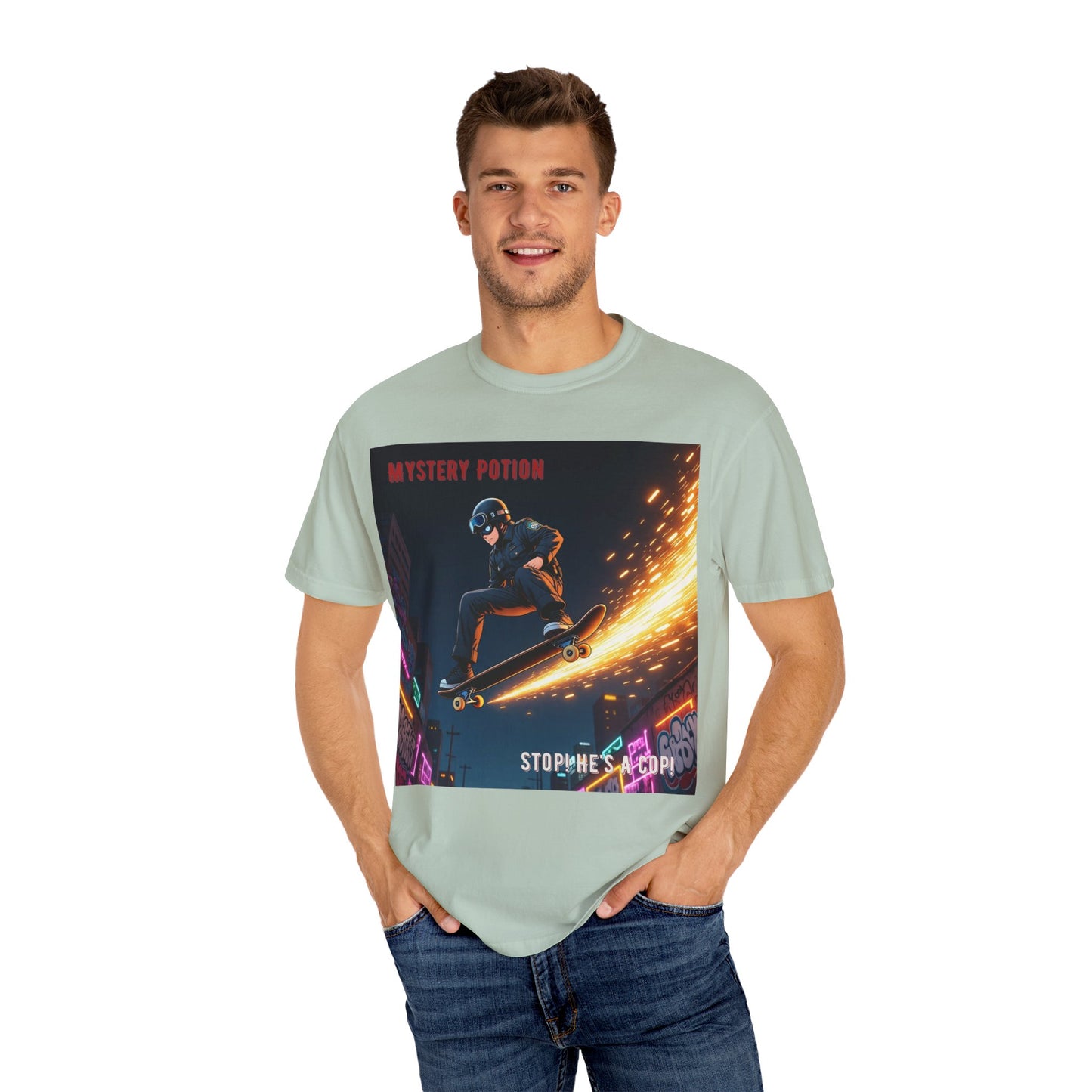 'Stop! He's A Cop!' by Mystery Potion, Skateboard Hardcore Punk T-shirt, Cozy Graphic Tee, Perfect Gift for Skaters, Unisex Streetwear Shirt, Trendy Casual Wear