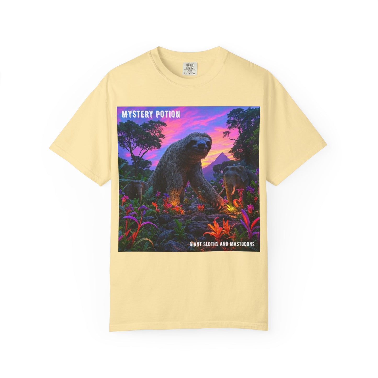 Mystery Potion's Giant Sloths and Mastodons Graphic T-Shirt | Unisex Garment-Dyed Tee for Nature Lovers, Unique Gift, Festival Wear, Prehistoric Design