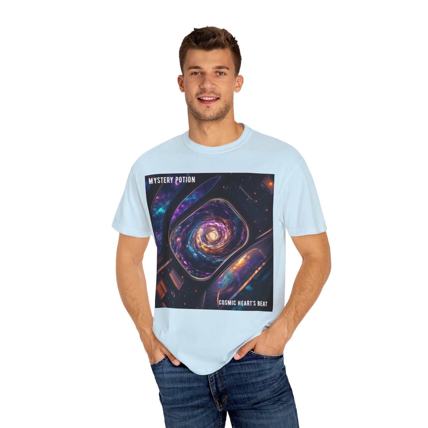 Cosmic Themed Mystery Potion Unisex Garment-Dyed T-shirt, Mystical Tee, Galaxy Shirt, Space Art Apparel, Unique Gift for Event Horizon Stargazers